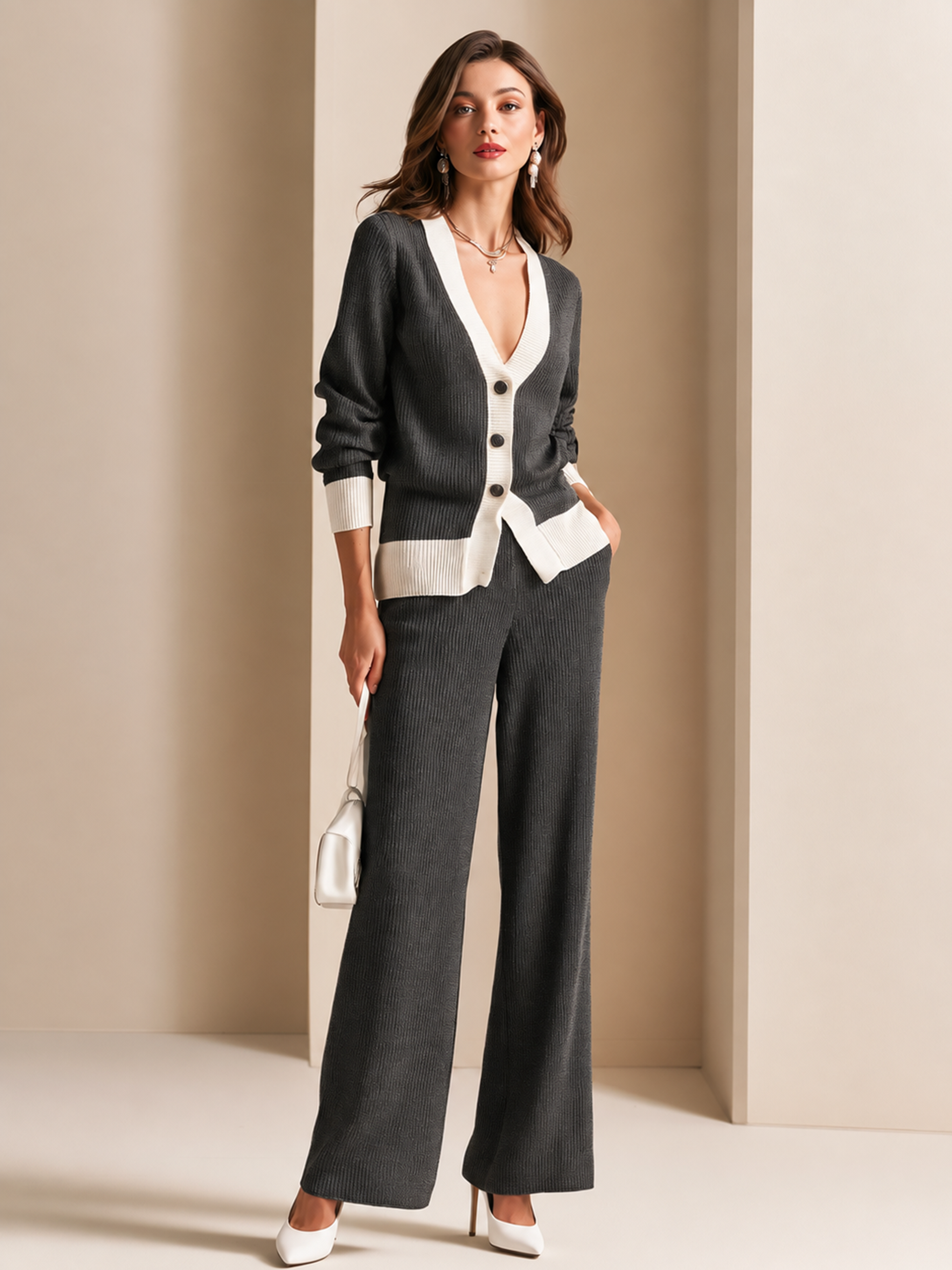 Elegant Charcoal Grey Knit Cardigan & Wide Leg Pants Set
