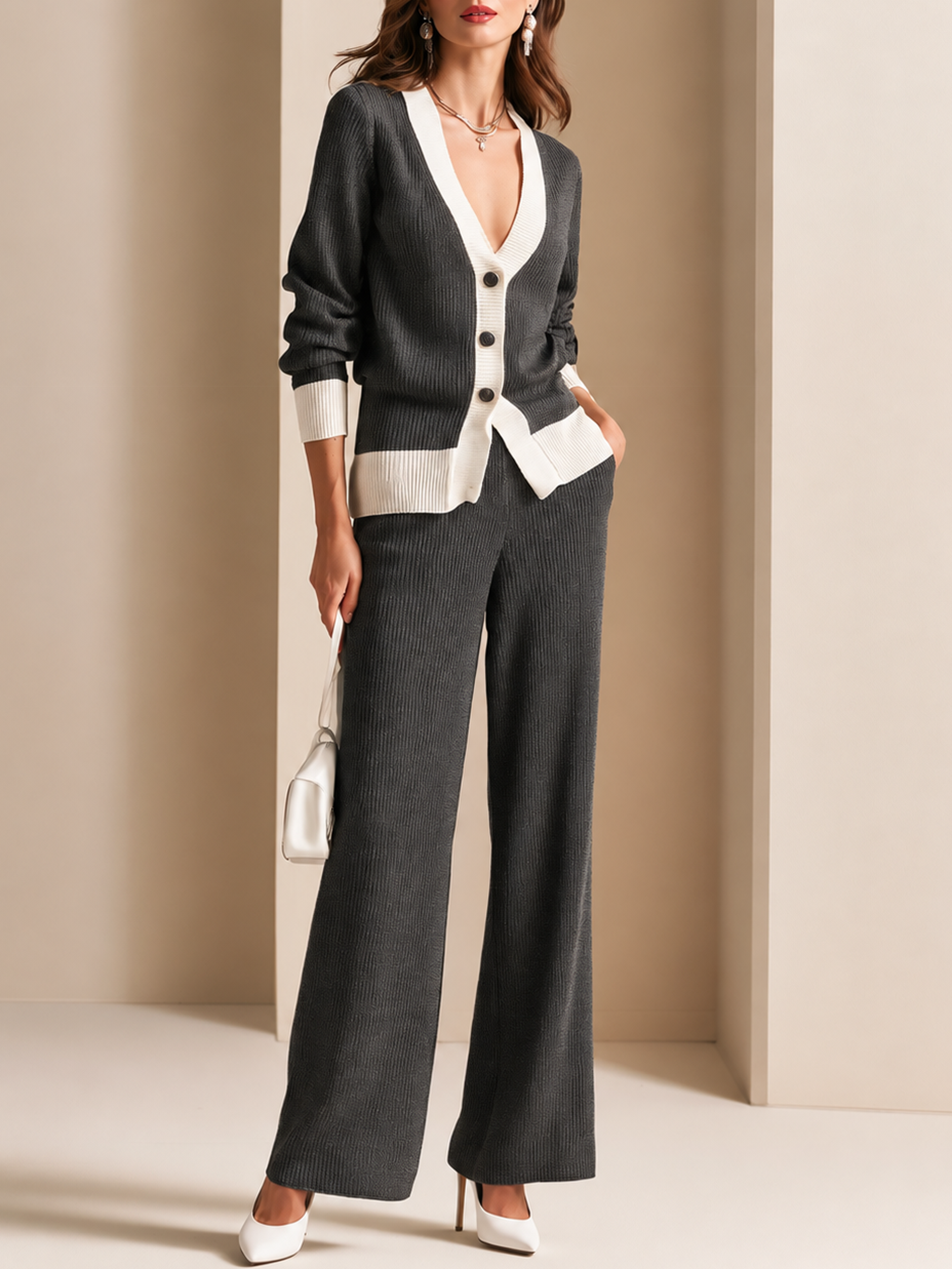 Elegant Charcoal Grey Knit Cardigan & Wide Leg Pants Set