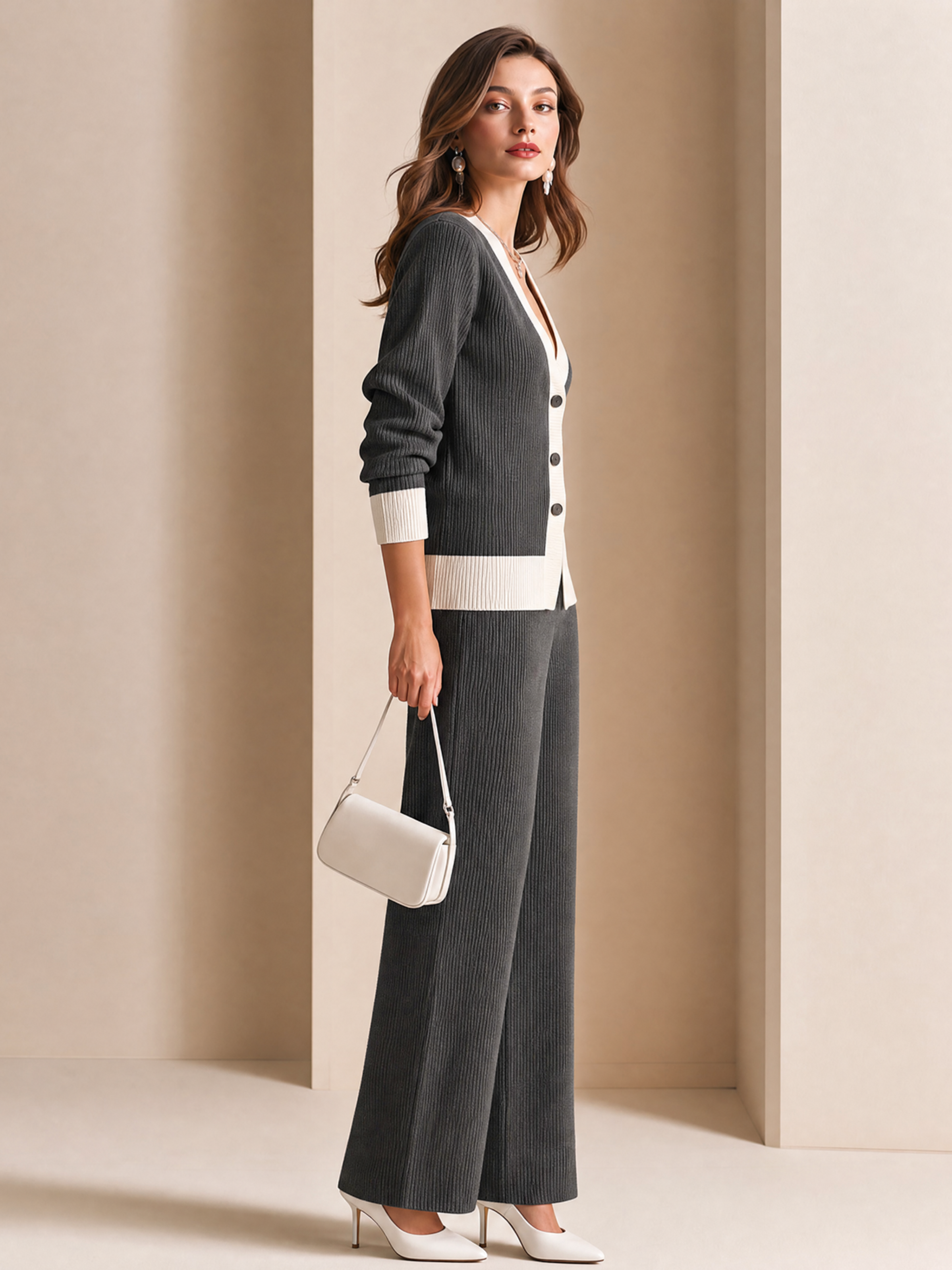 Elegant Charcoal Grey Knit Cardigan & Wide Leg Pants Set