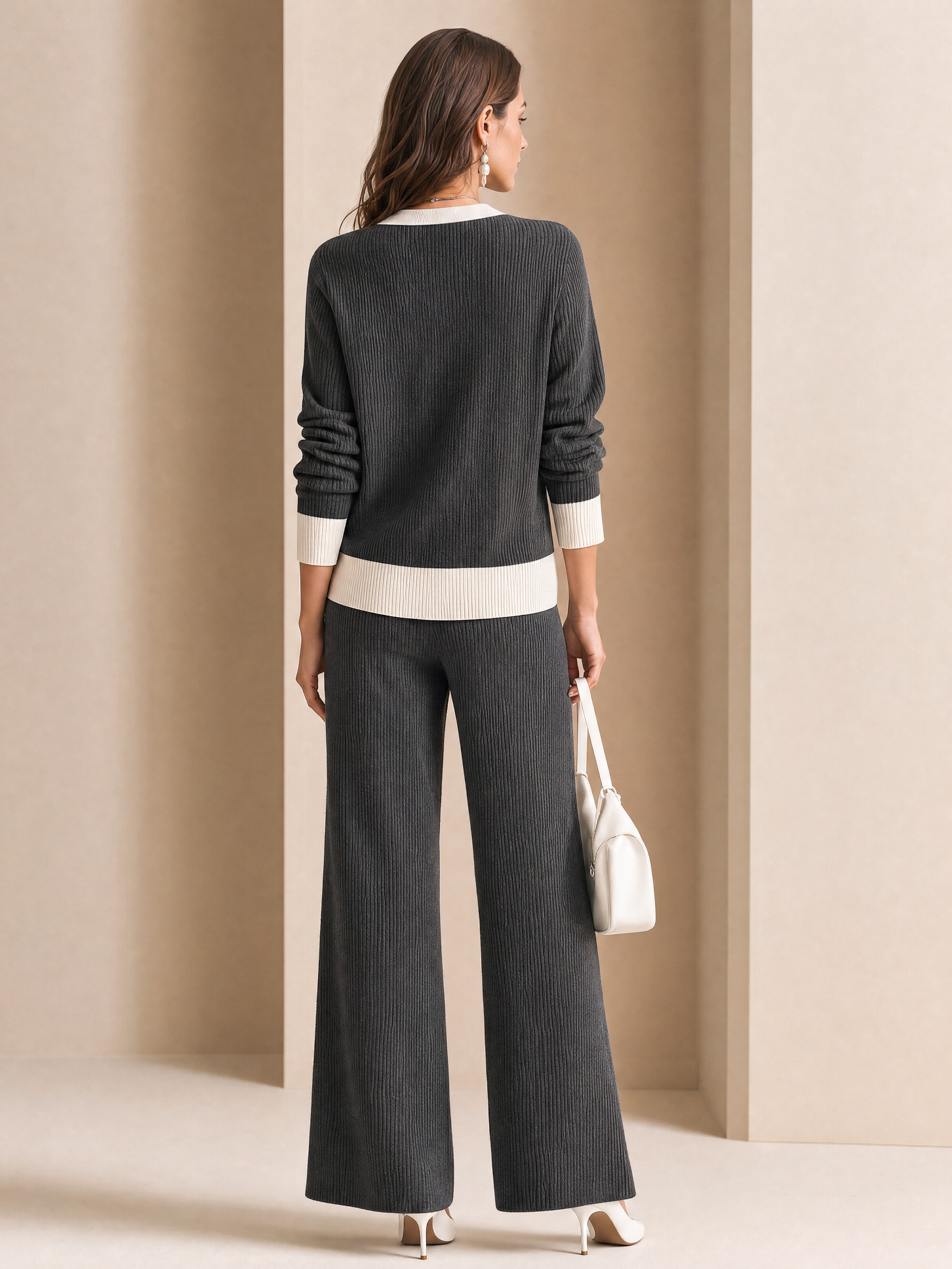 Elegant Charcoal Grey Knit Cardigan & Wide Leg Pants Set