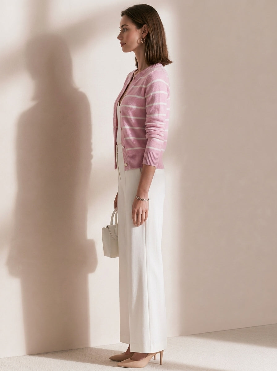 Pink And White Striped Knit Crew-neck Cardigan