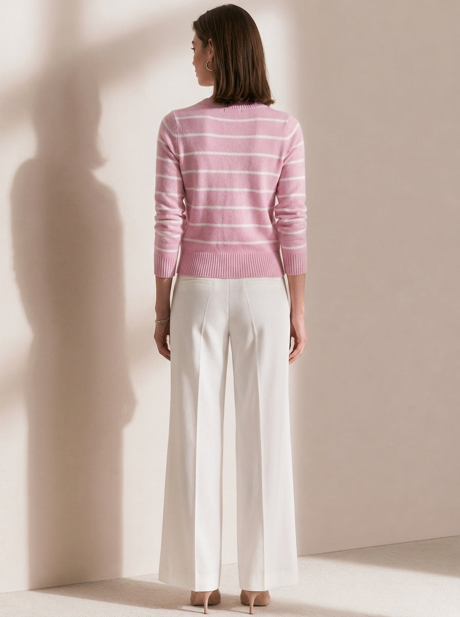 Pink And White Striped Knit Crew-neck Cardigan