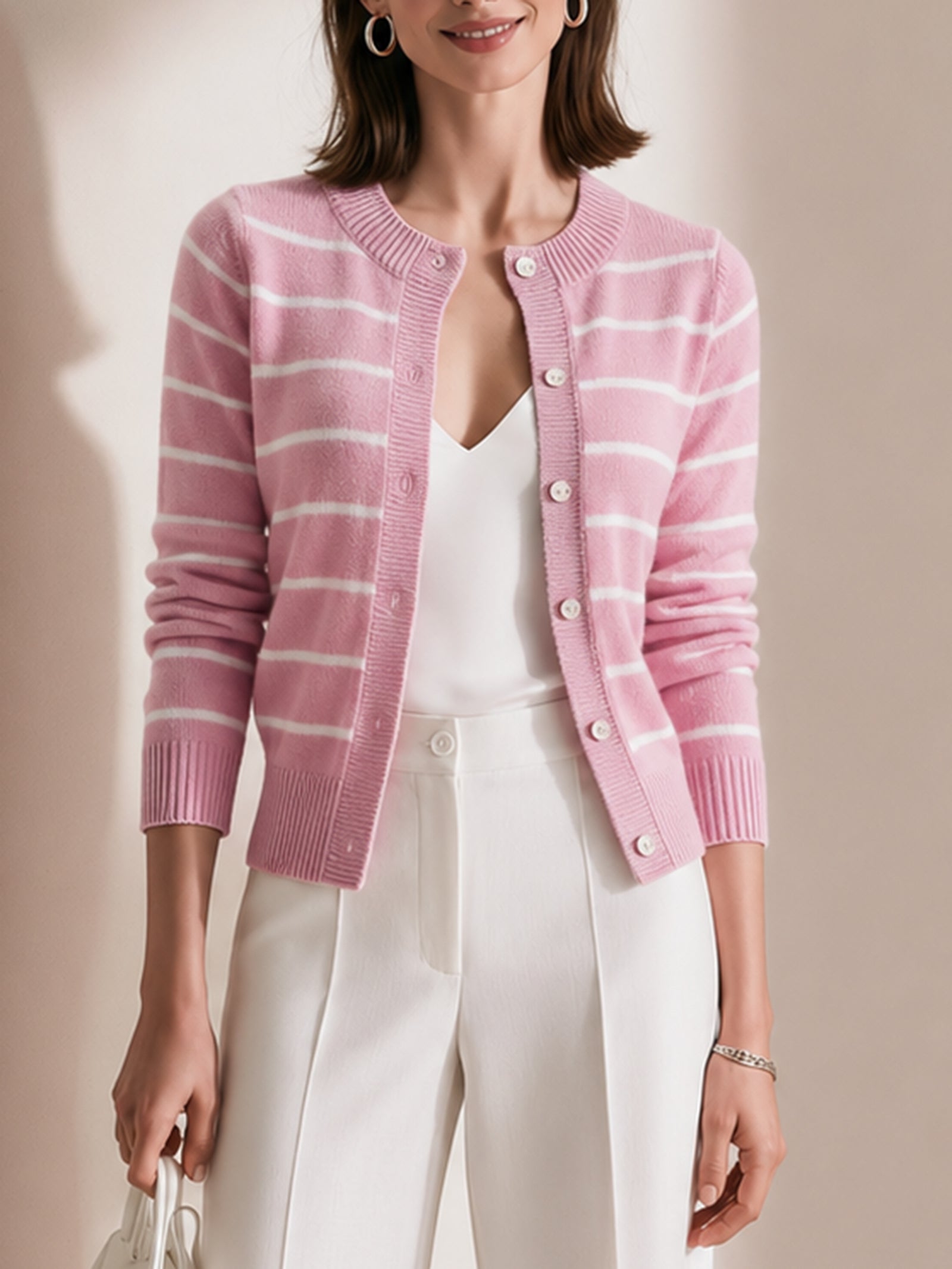 Pink And White Striped Knit Crew-neck Cardigan