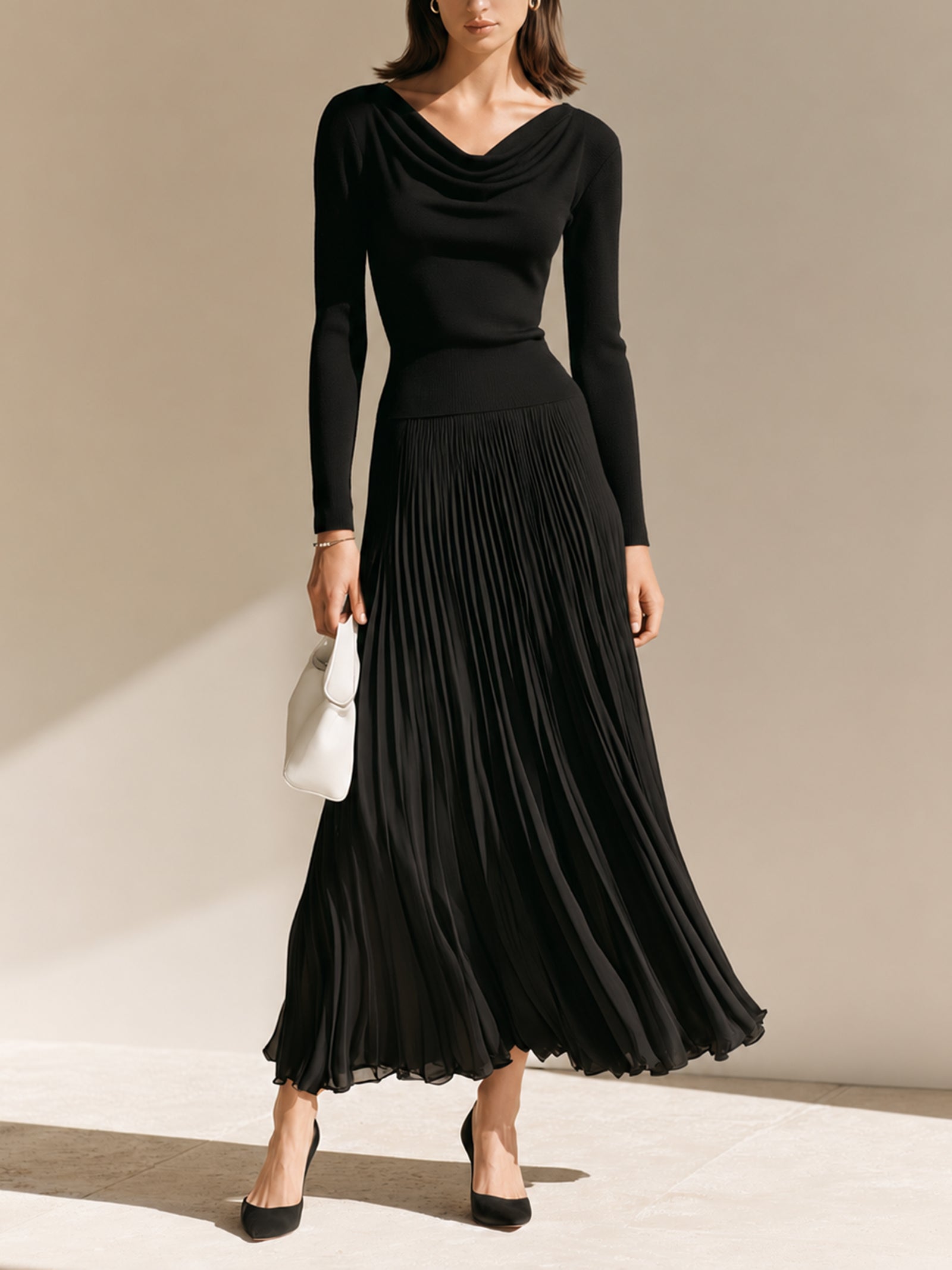 Elegant Black Chiffon-paneled Pleated Maxi Skirt