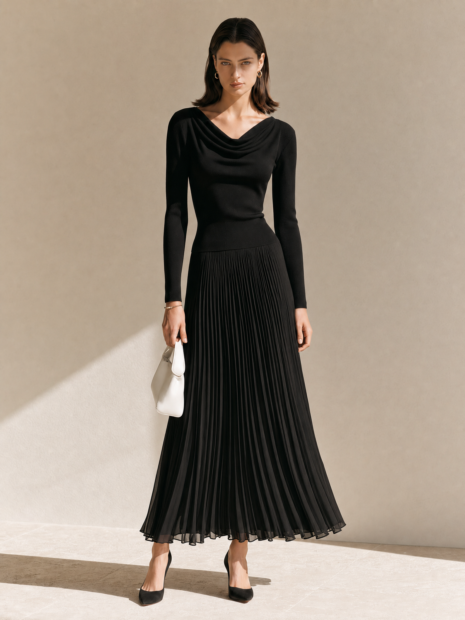 Elegant Black Chiffon-paneled Pleated Maxi Skirt