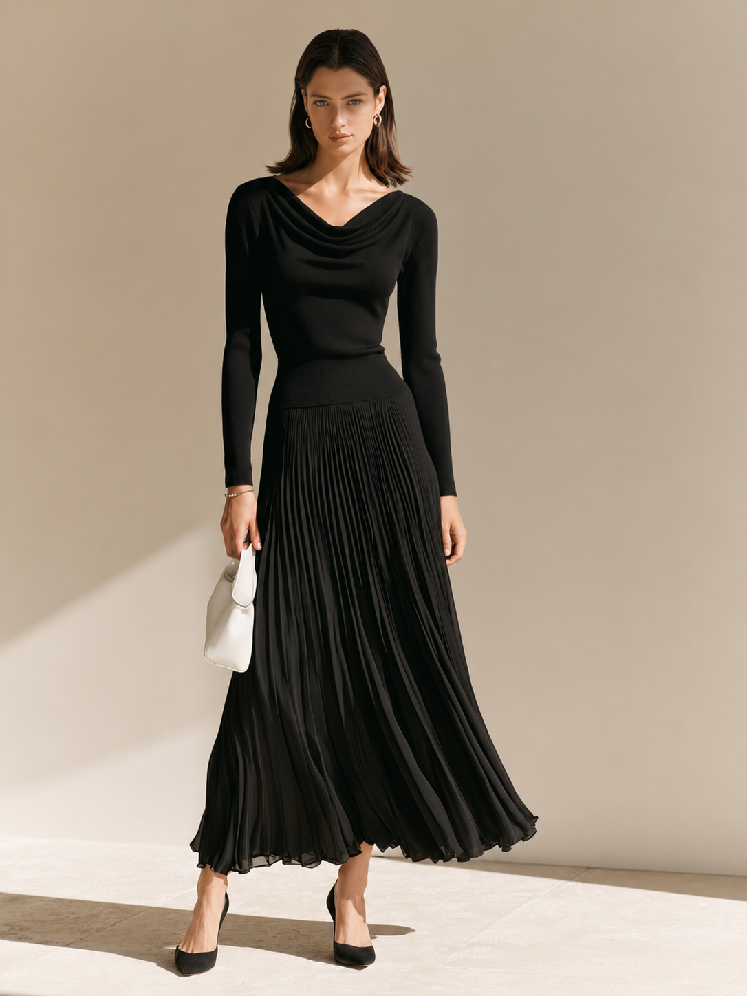 Elegant Black Chiffon-paneled Pleated Maxi Skirt