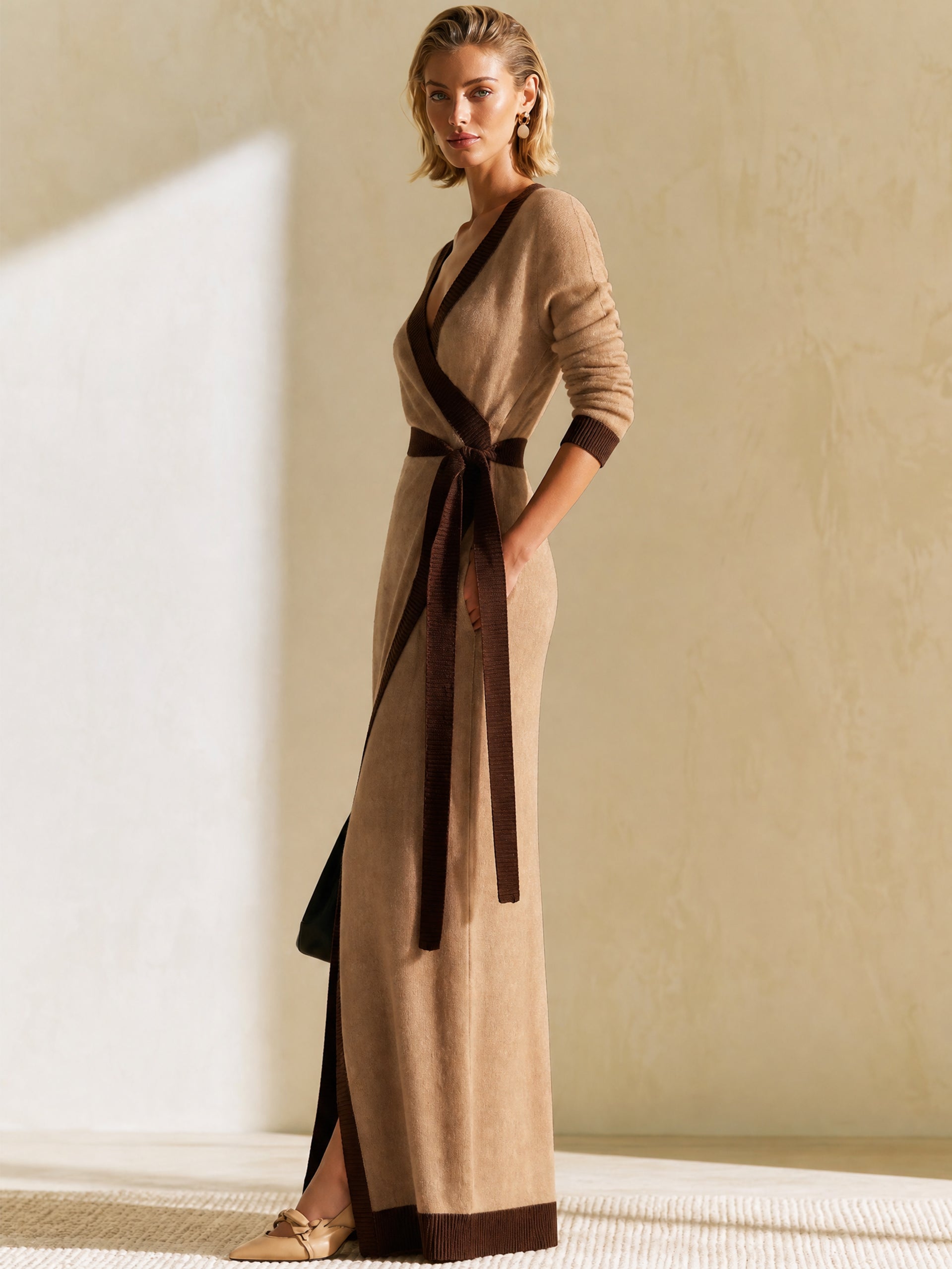 Elegant Camel Contrast Trim Brushed Knit Wrap Maxi Dress