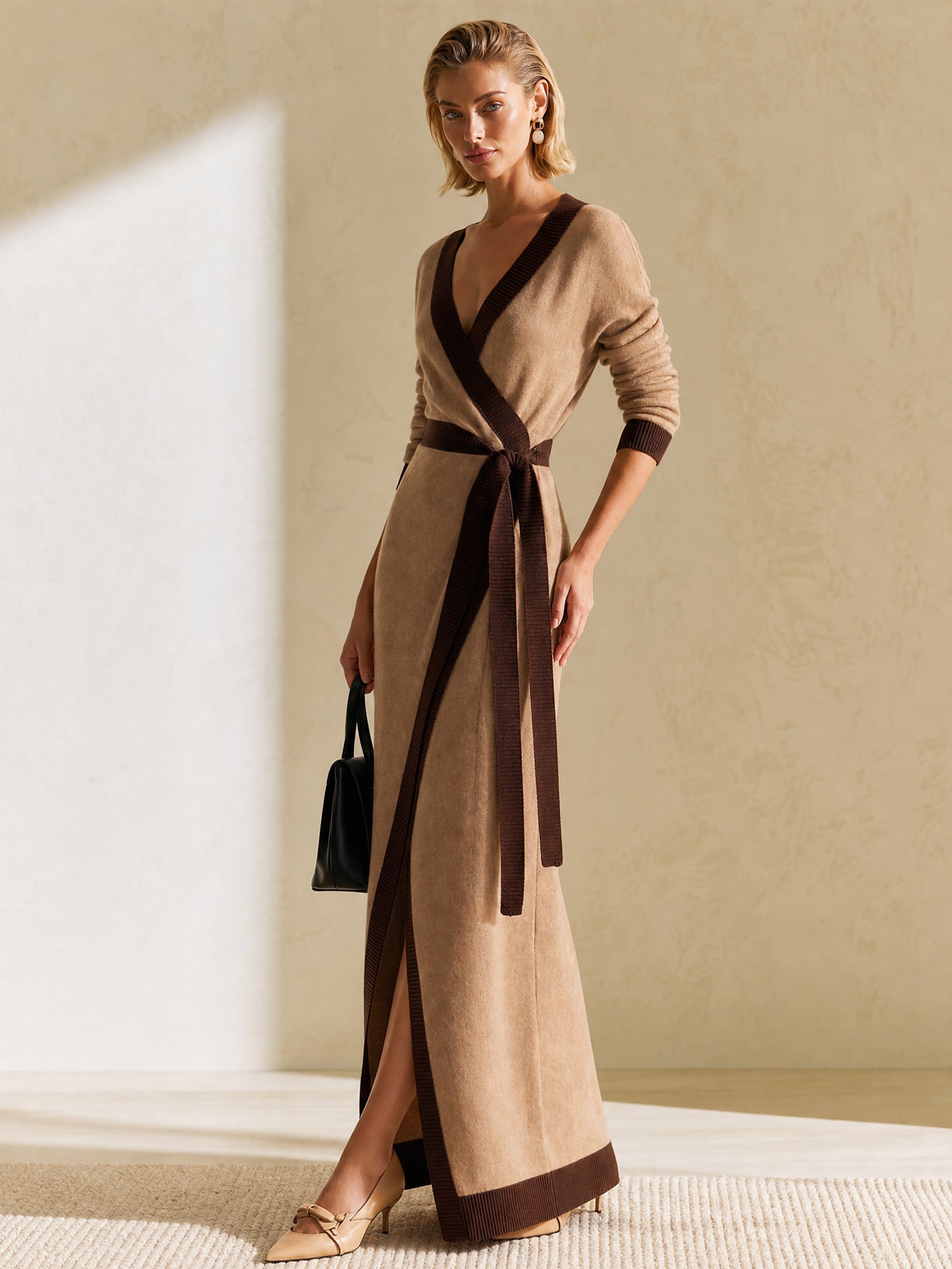 Elegant Camel Contrast Trim Brushed Knit Wrap Maxi Dress