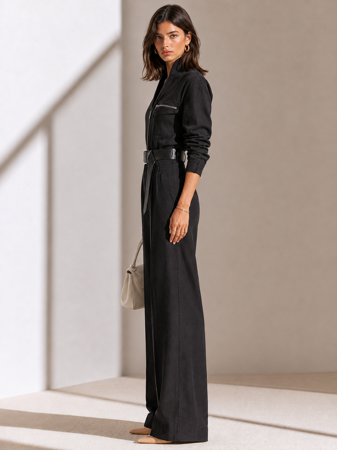 Black Zippered-pocket Utility Jumpsuit