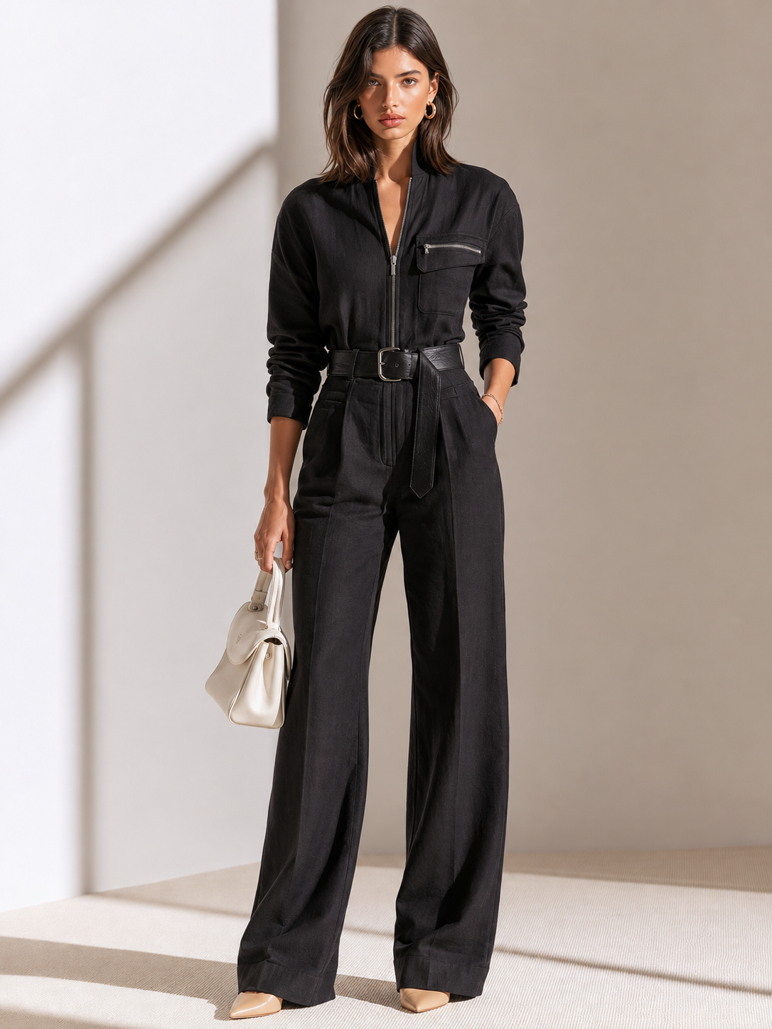 Black Zippered-pocket Utility Jumpsuit