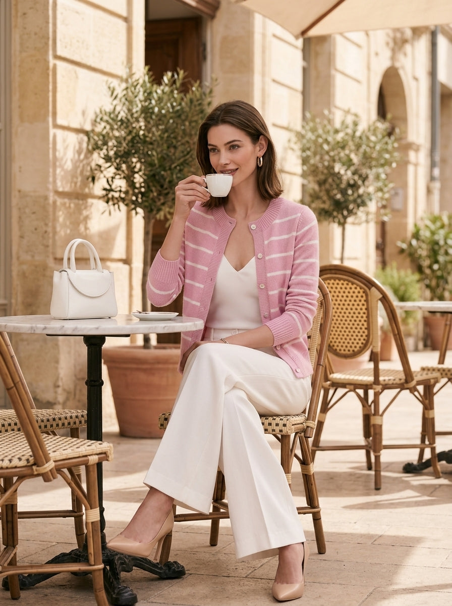 Pink And White Striped Knit Crew-neck Cardigan