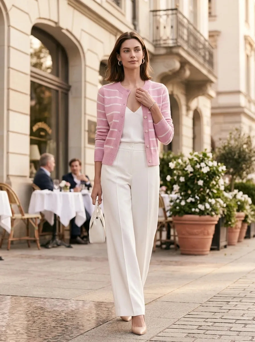 Pink And White Striped Knit Crew-neck Cardigan