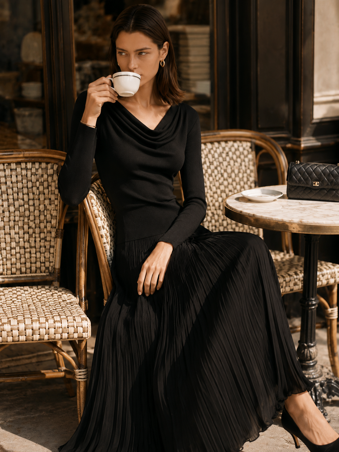 Elegant Black Chiffon-paneled Pleated Maxi Skirt