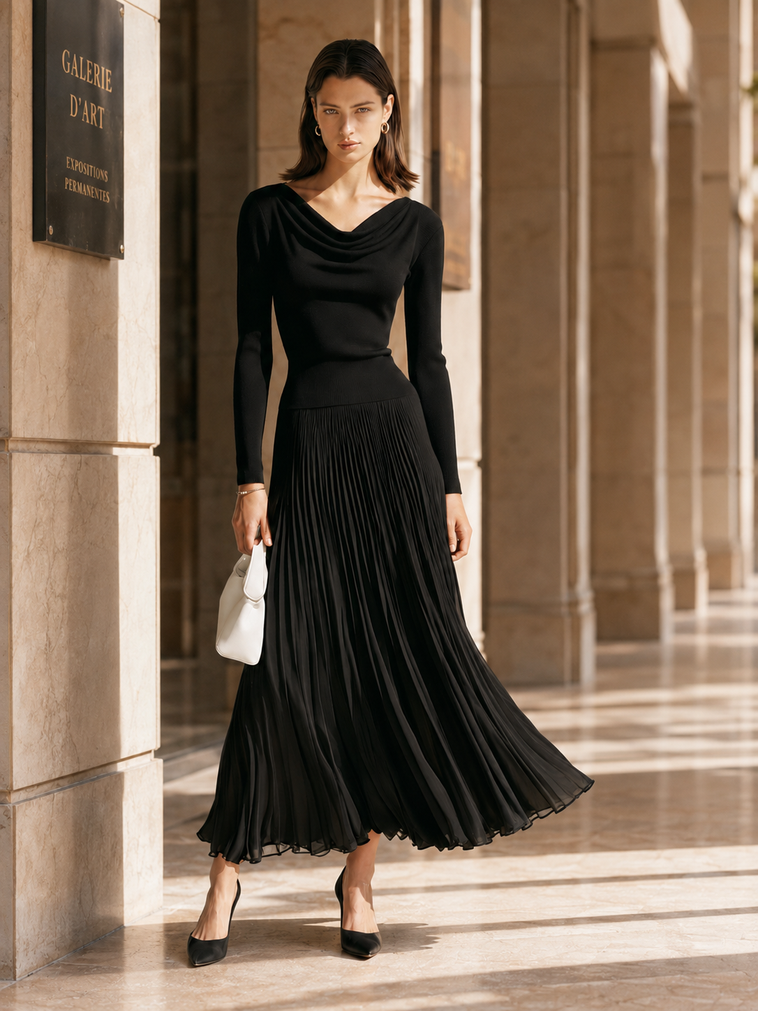 Elegant Black Chiffon-paneled Pleated Maxi Skirt