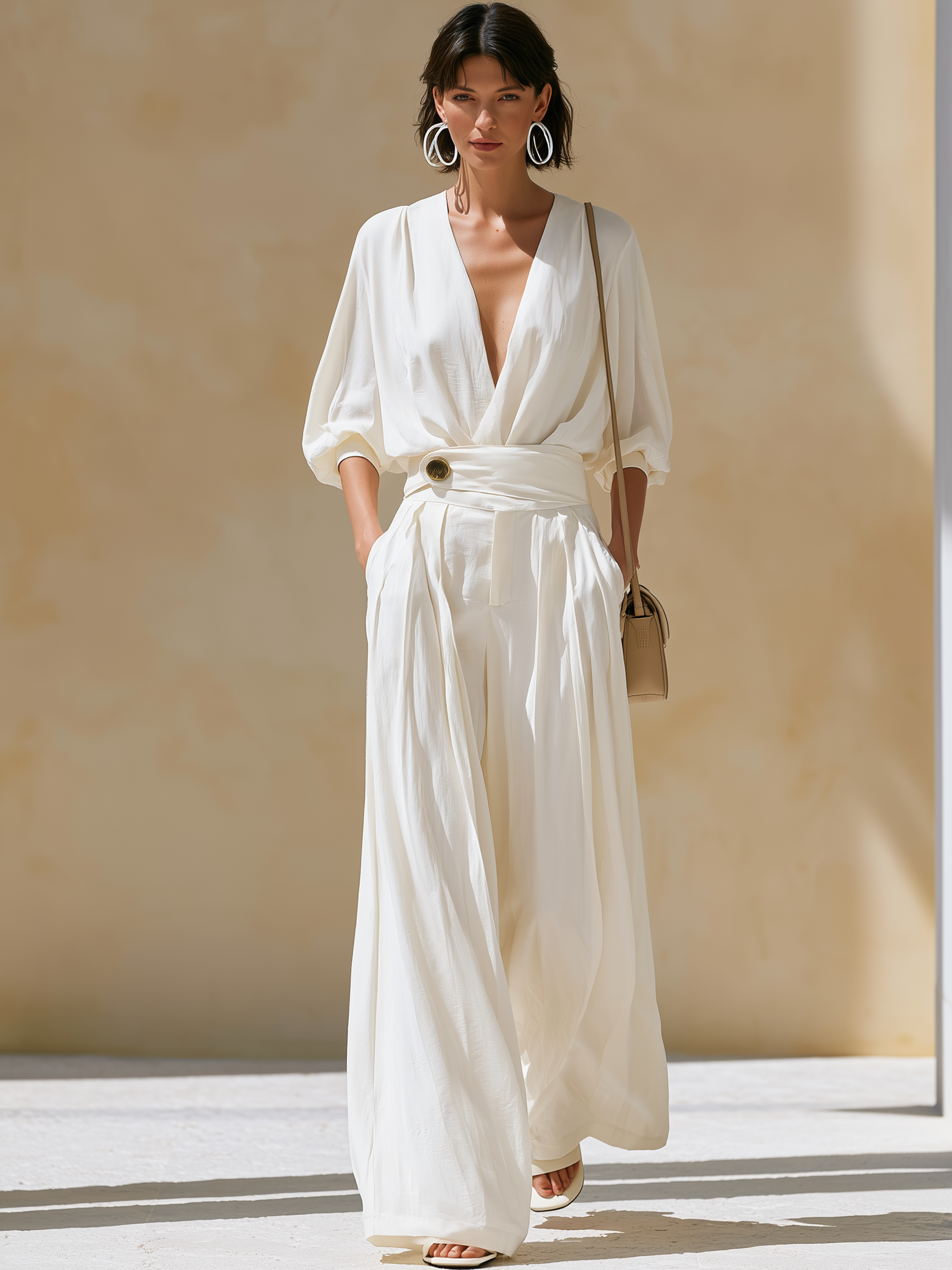 Elegant Relaxed Cream Textured V Wrap Gold Buckle 3/4 Sleeve Wide Leg Two-Piece Set
