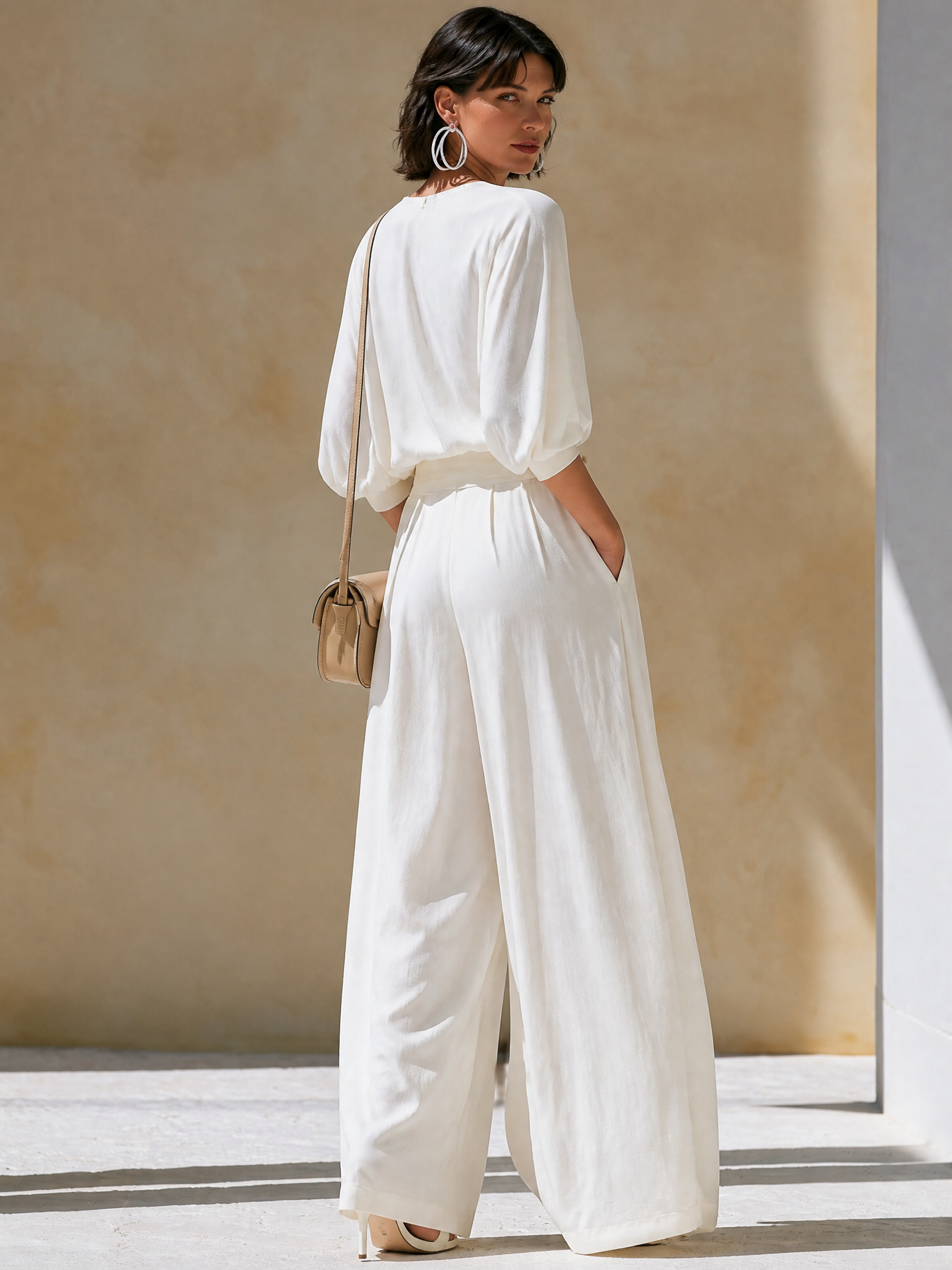 Elegant Relaxed Cream Textured V Wrap Gold Buckle 3/4 Sleeve Wide Leg Two-Piece Set