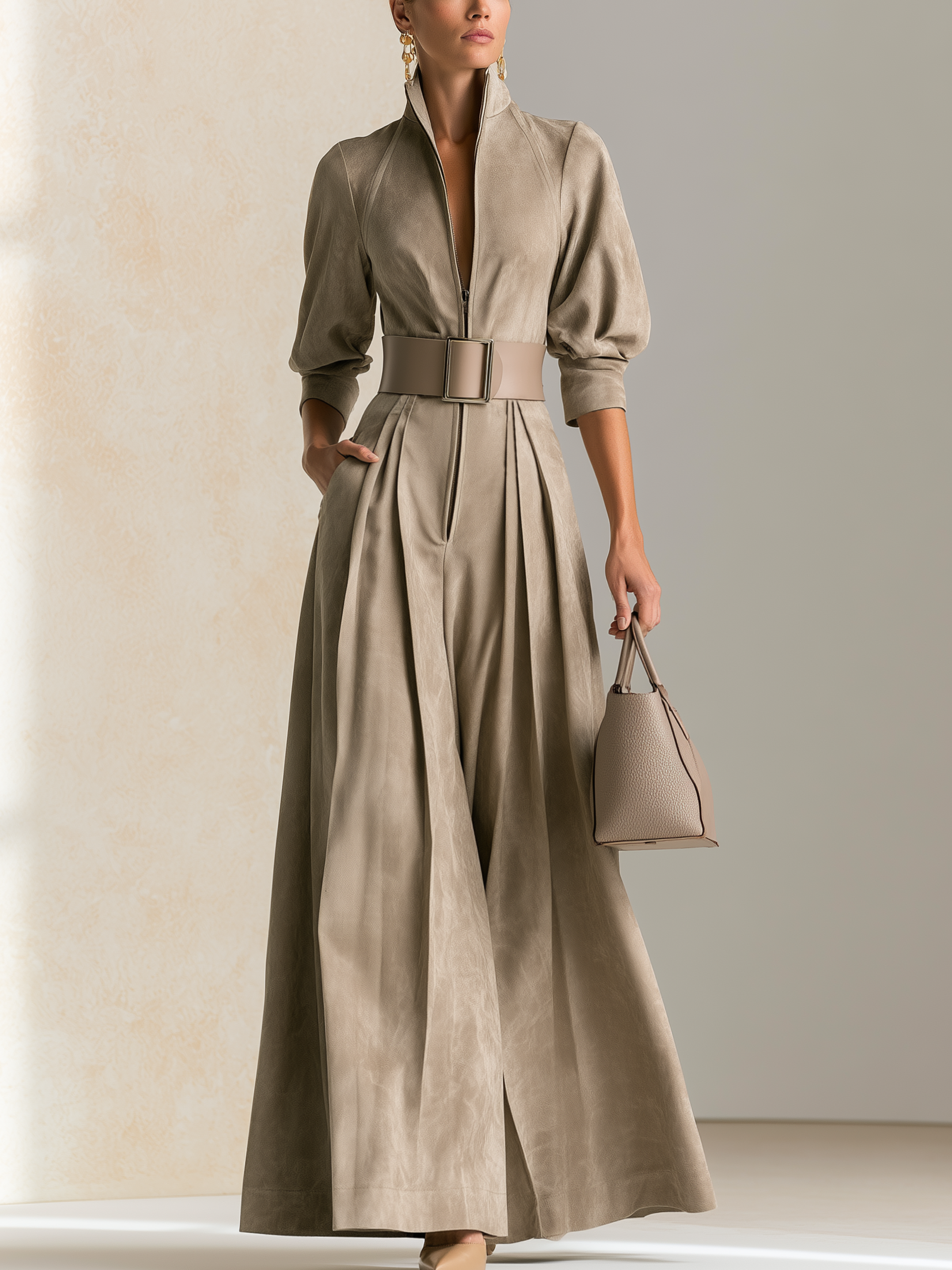 Elegant Light Khaki Stand Collar Wide Buckle Waist Jumpsuit
