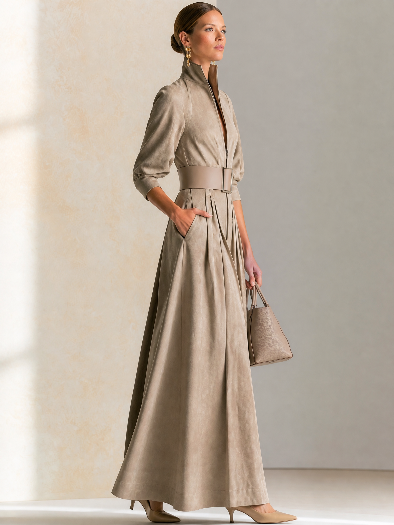 Elegant Light Khaki Stand Collar Wide Buckle Waist Jumpsuit