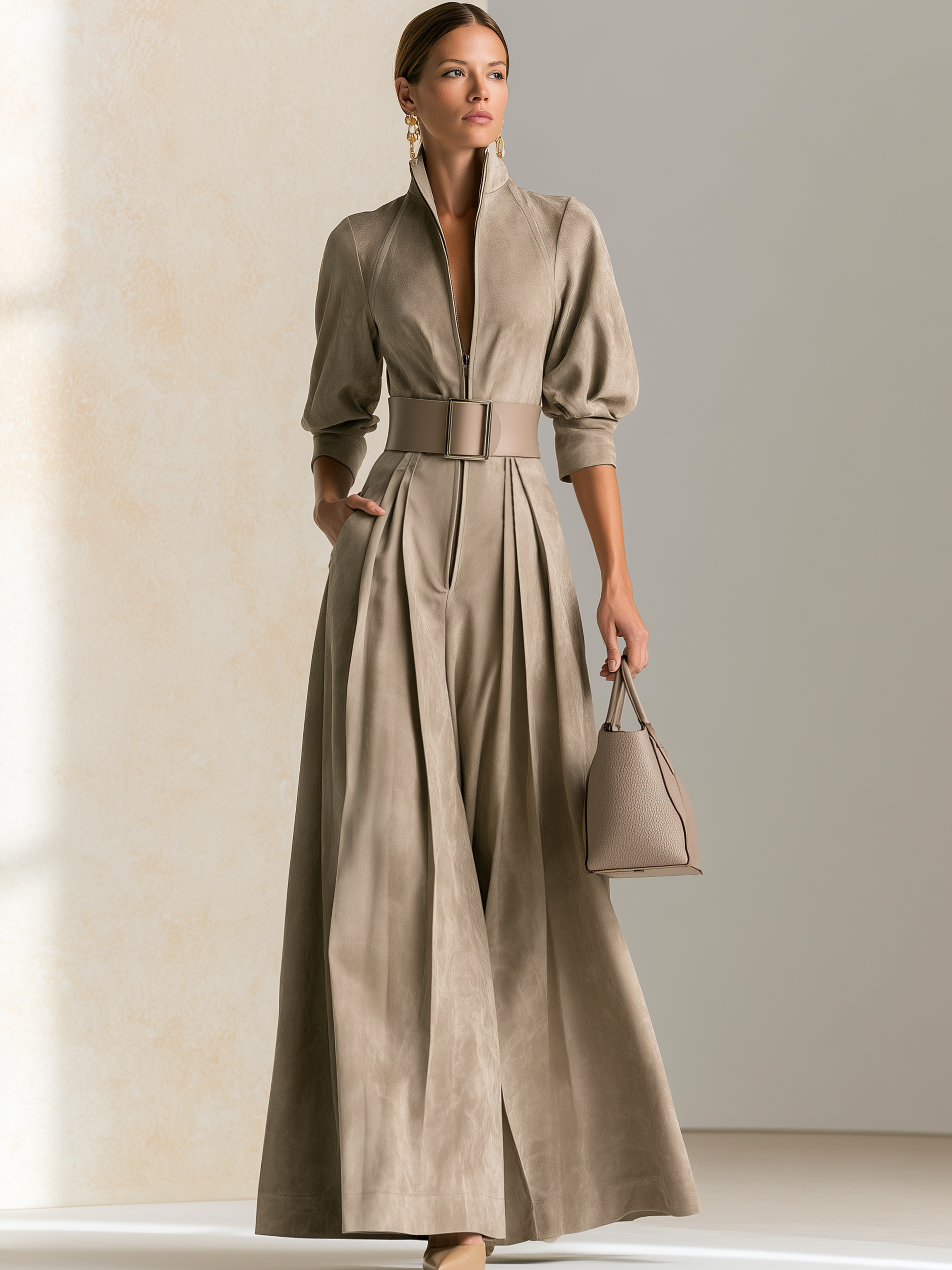 Elegant Light Khaki Stand Collar Wide Buckle Waist Jumpsuit
