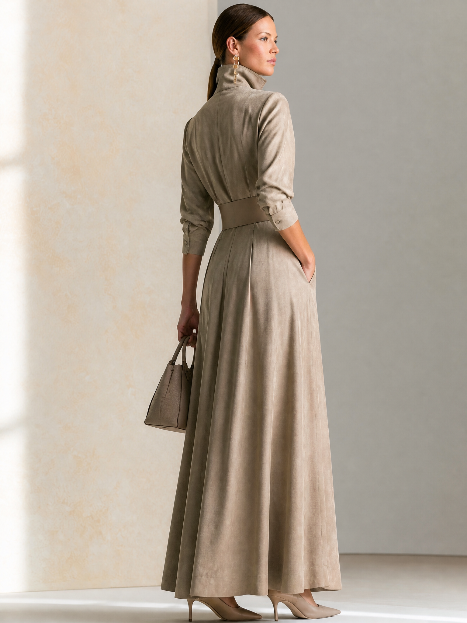 Elegant Light Khaki Stand Collar Wide Buckle Waist Jumpsuit