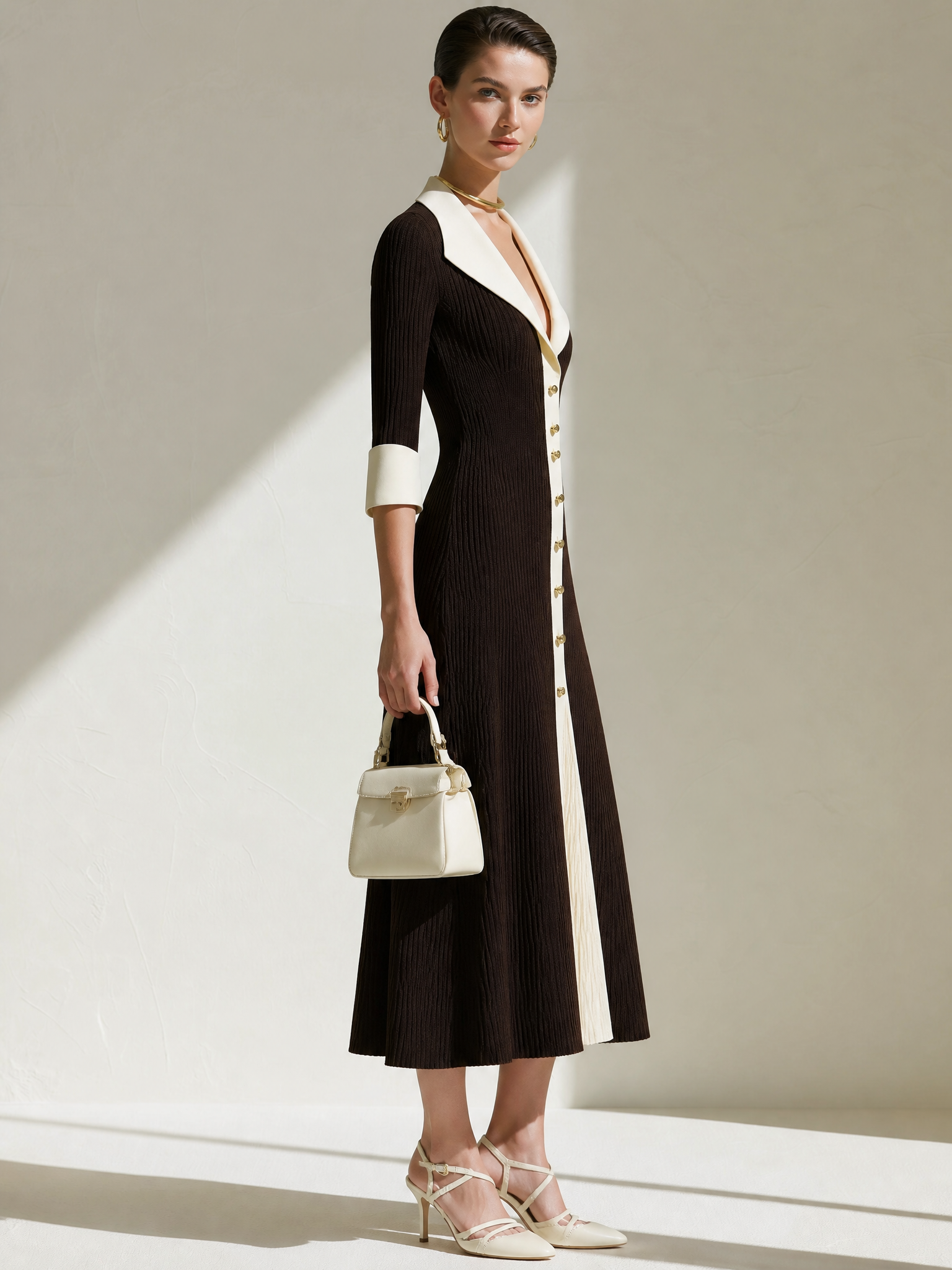 Elegant Coffee White Contrast Lapel Gold Button 3/4 Ribbed Knit Midi Dress