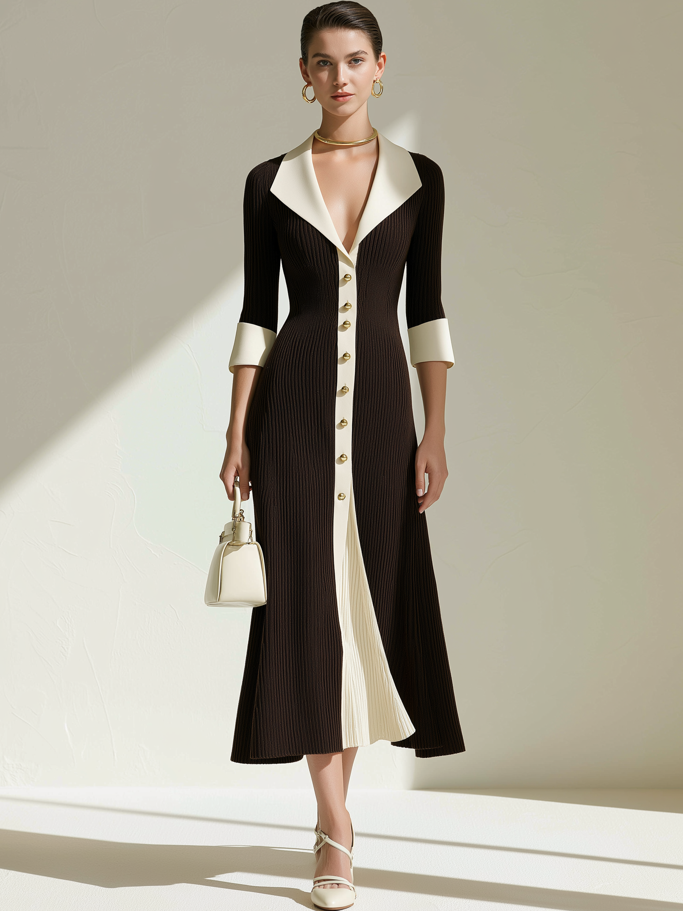 Elegant Coffee White Contrast Lapel Gold Button 3/4 Ribbed Knit Midi Dress