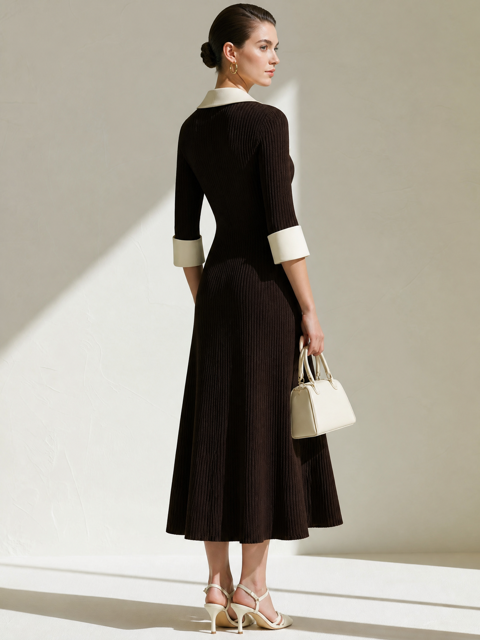 Elegant Coffee White Contrast Lapel Gold Button 3/4 Ribbed Knit Midi Dress