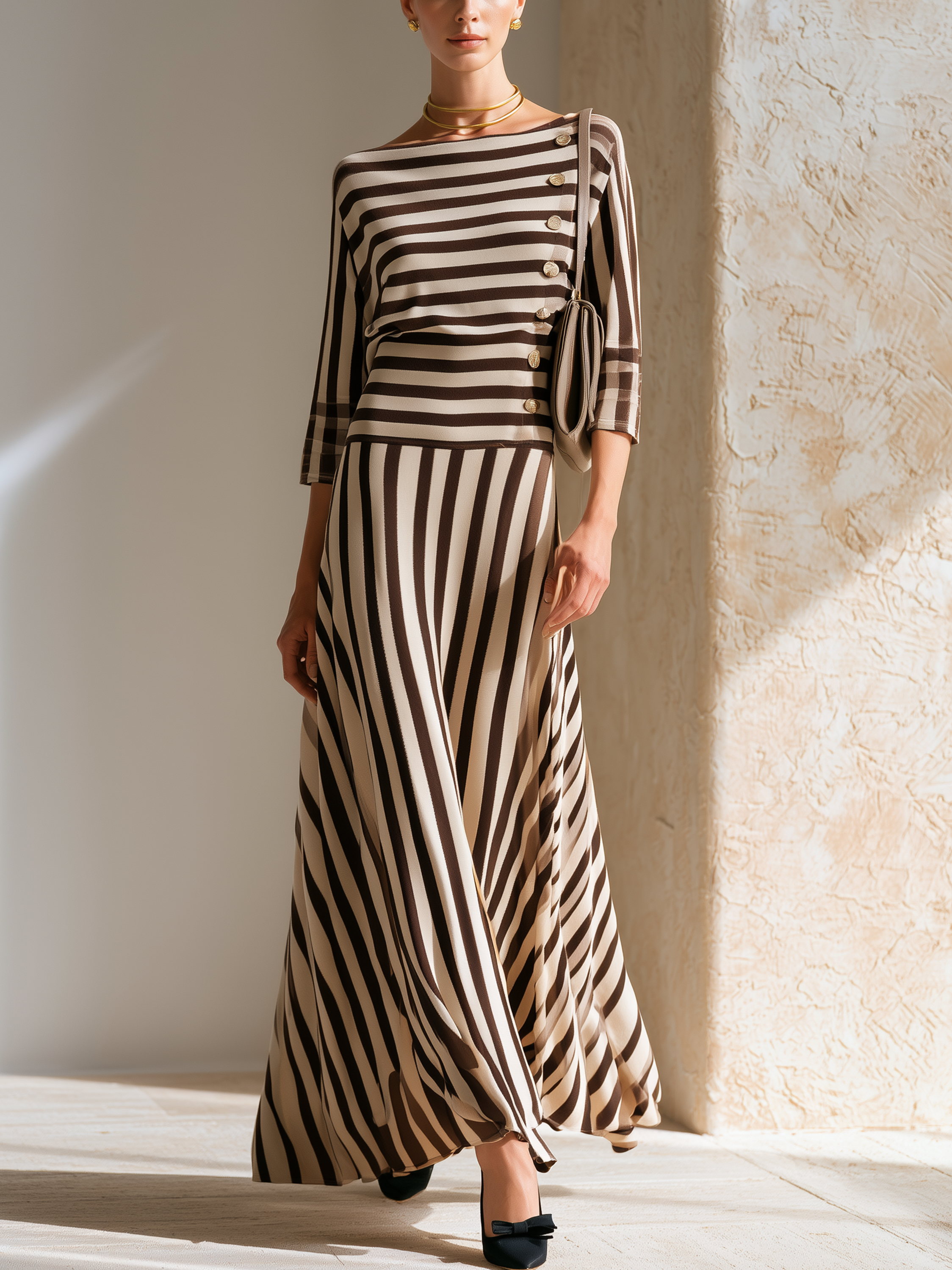 Elegant Matte Coffee Stripe Side Button Slim Floor-Length Dress