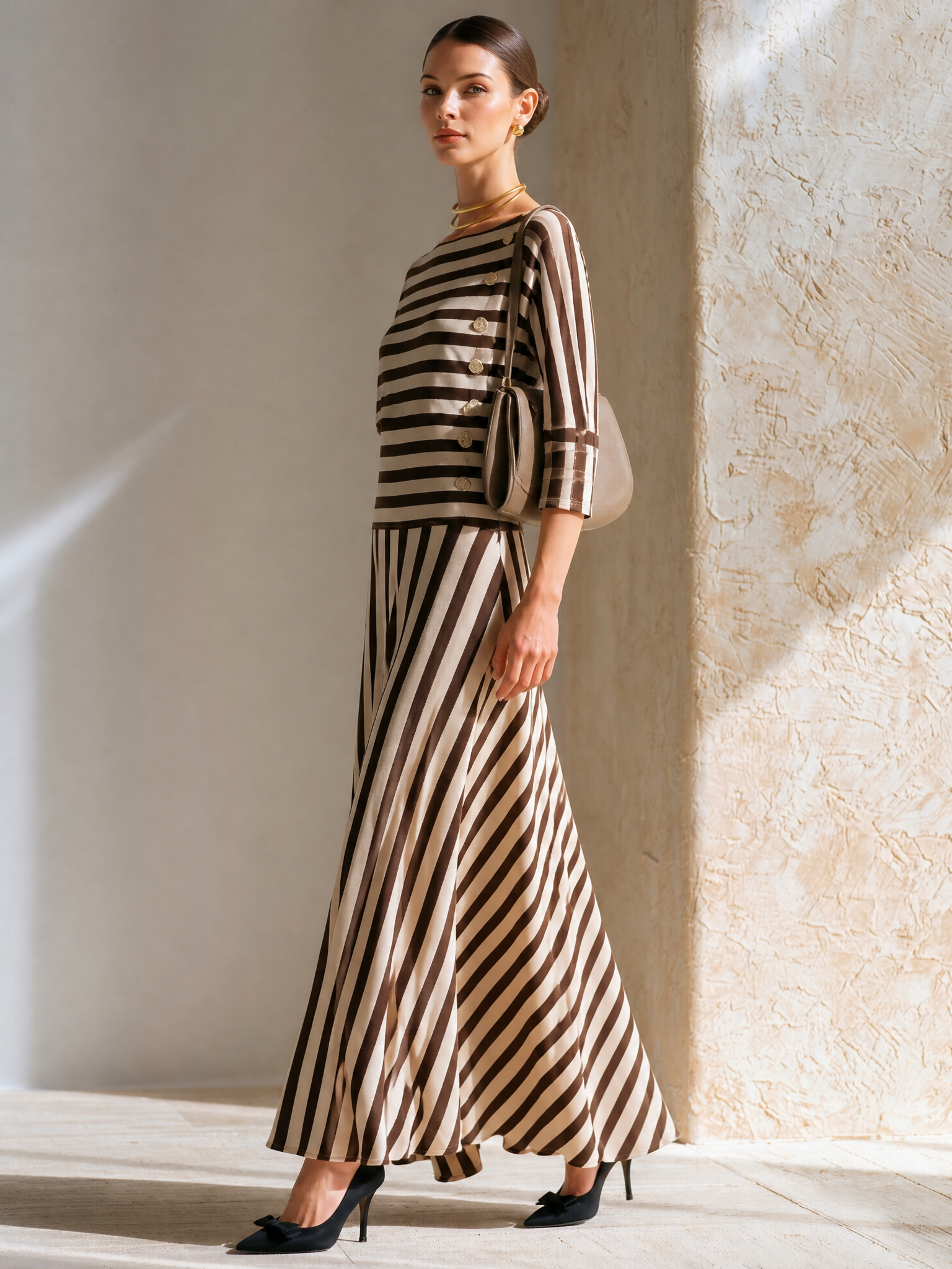 Elegant Matte Coffee Stripe Side Button Slim Floor-Length Dress