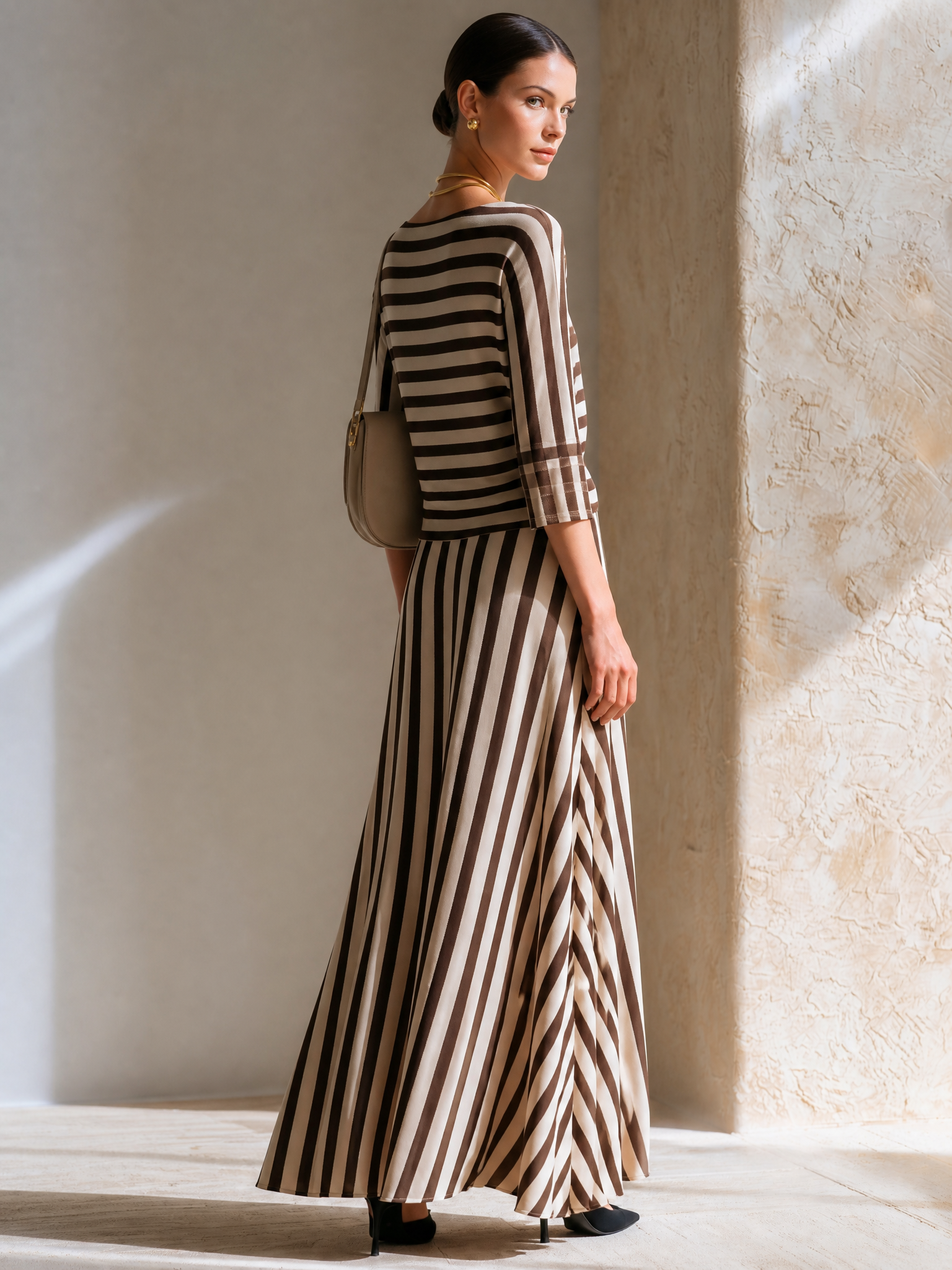 Elegant Matte Coffee Stripe Side Button Slim Floor-Length Dress