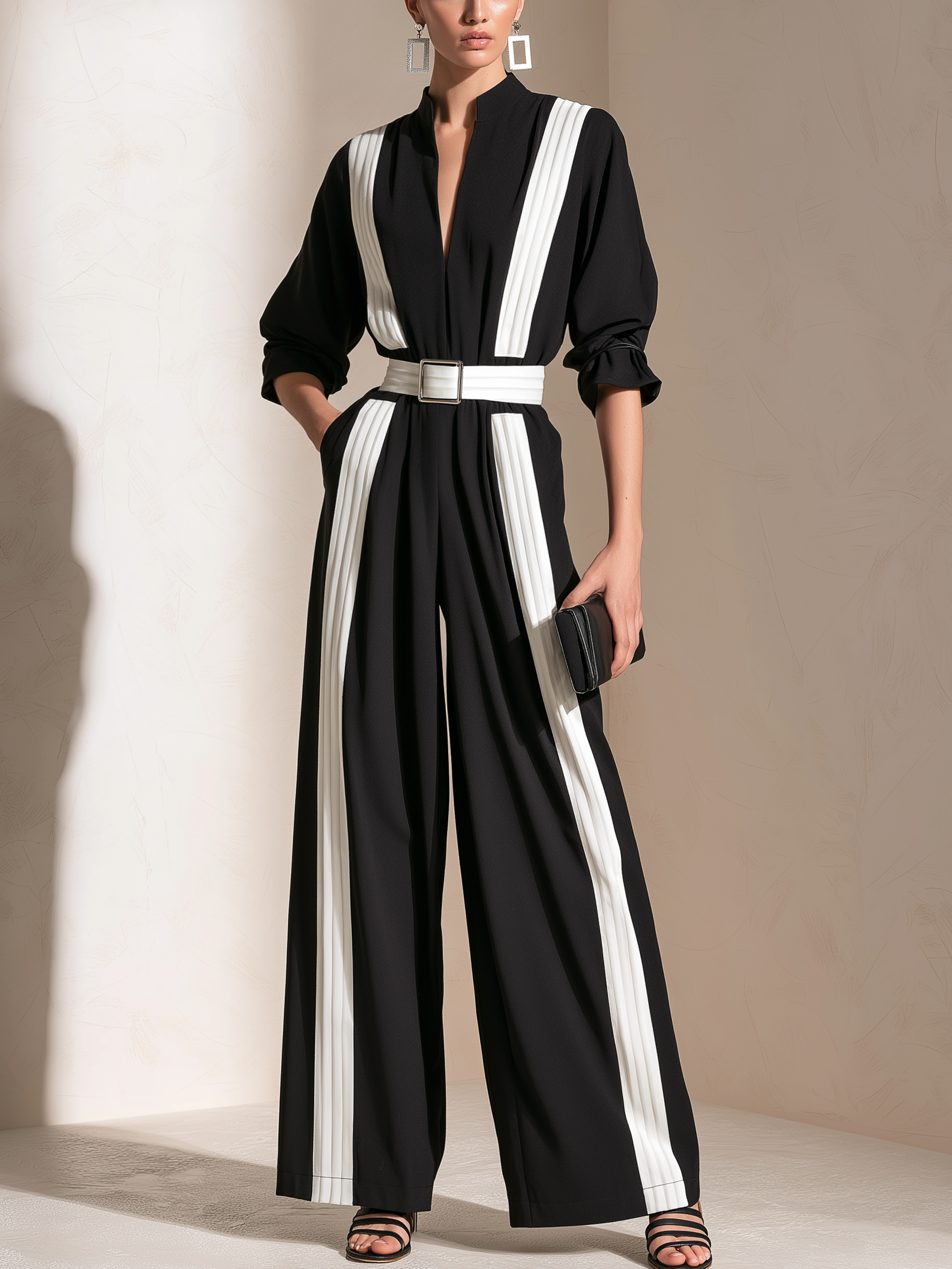 Elegant Black White Stripe Stand Collar 3/4 Sleeve Buckle Belt Wide Leg Jumpsuit