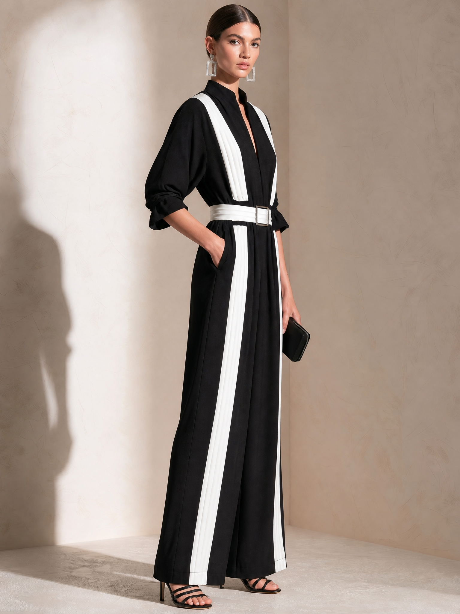 Elegant Black White Stripe Stand Collar 3/4 Sleeve Buckle Belt Wide Leg Jumpsuit