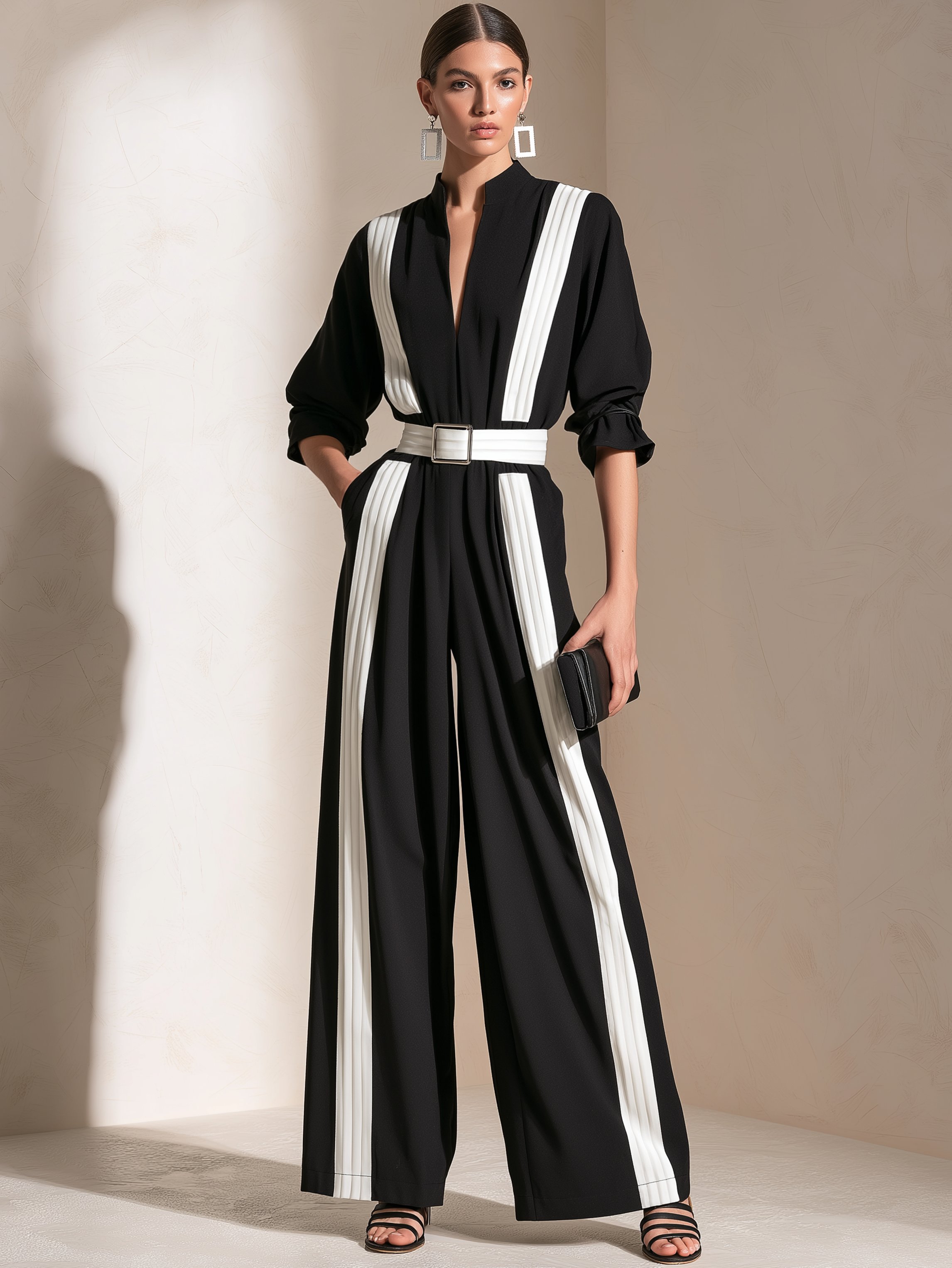 Elegant Black White Stripe Stand Collar 3/4 Sleeve Buckle Belt Wide Leg Jumpsuit