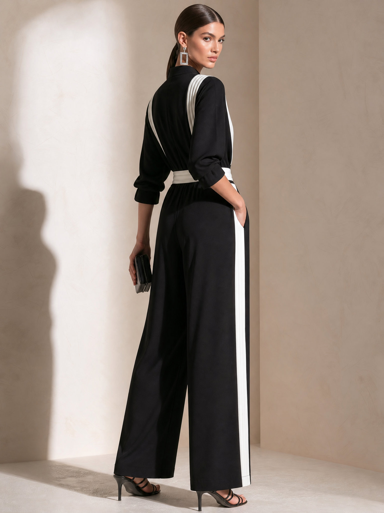 Elegant Black White Stripe Stand Collar 3/4 Sleeve Buckle Belt Wide Leg Jumpsuit
