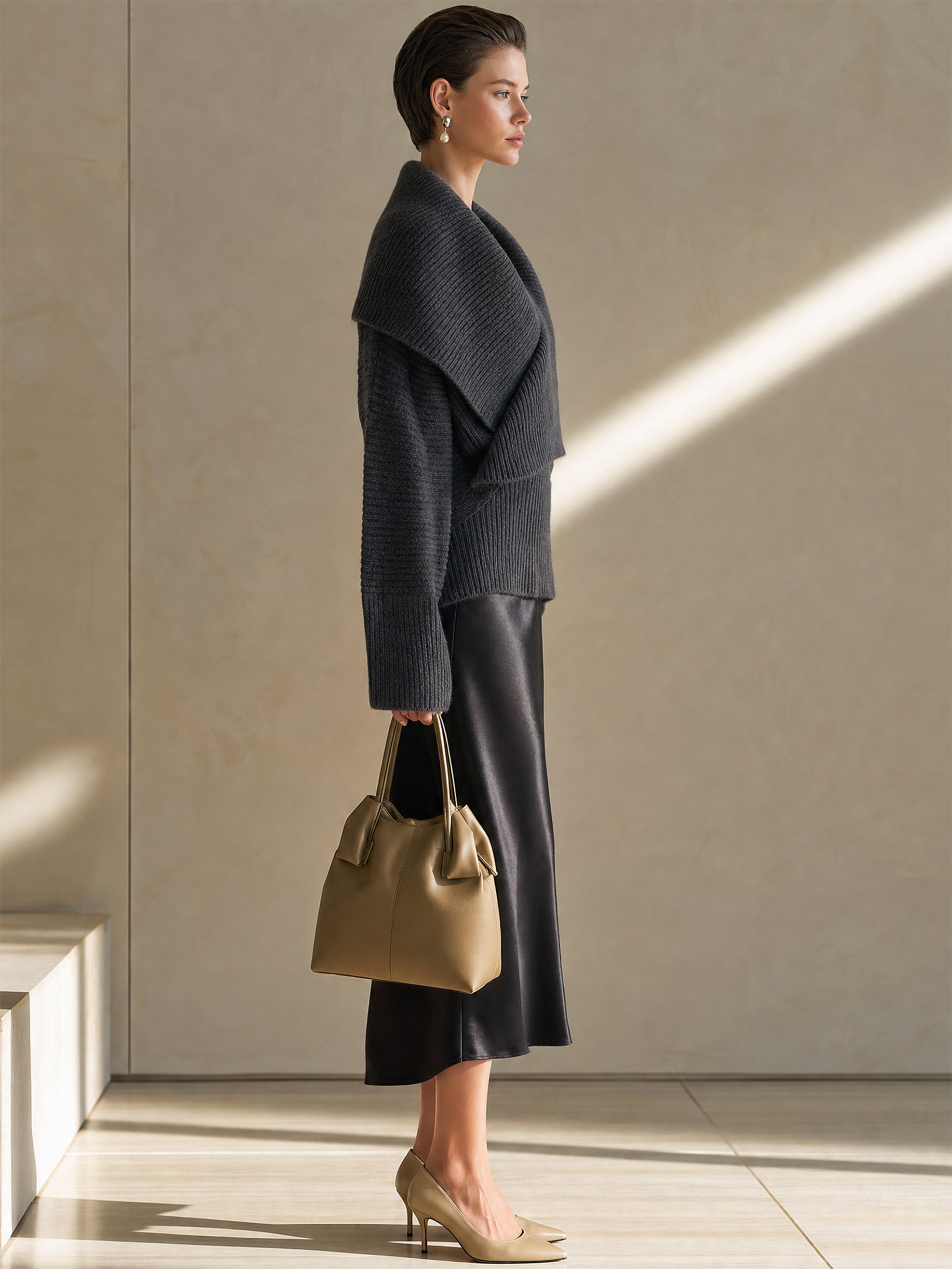 Elegant Wool Blend Wrap Sweater & Satin Midi Skirt Set