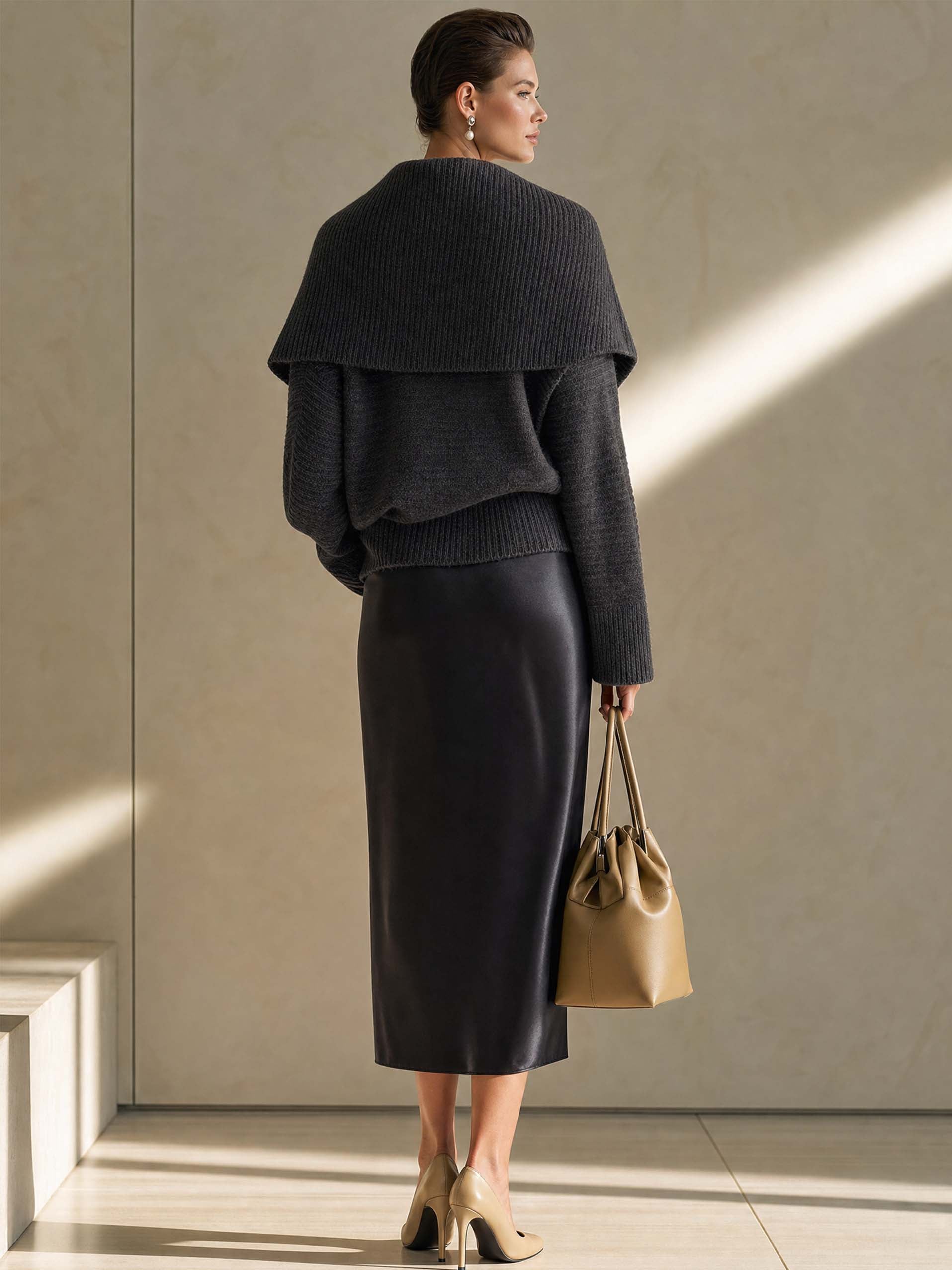 Elegant Wool Blend Wrap Sweater & Satin Midi Skirt Set