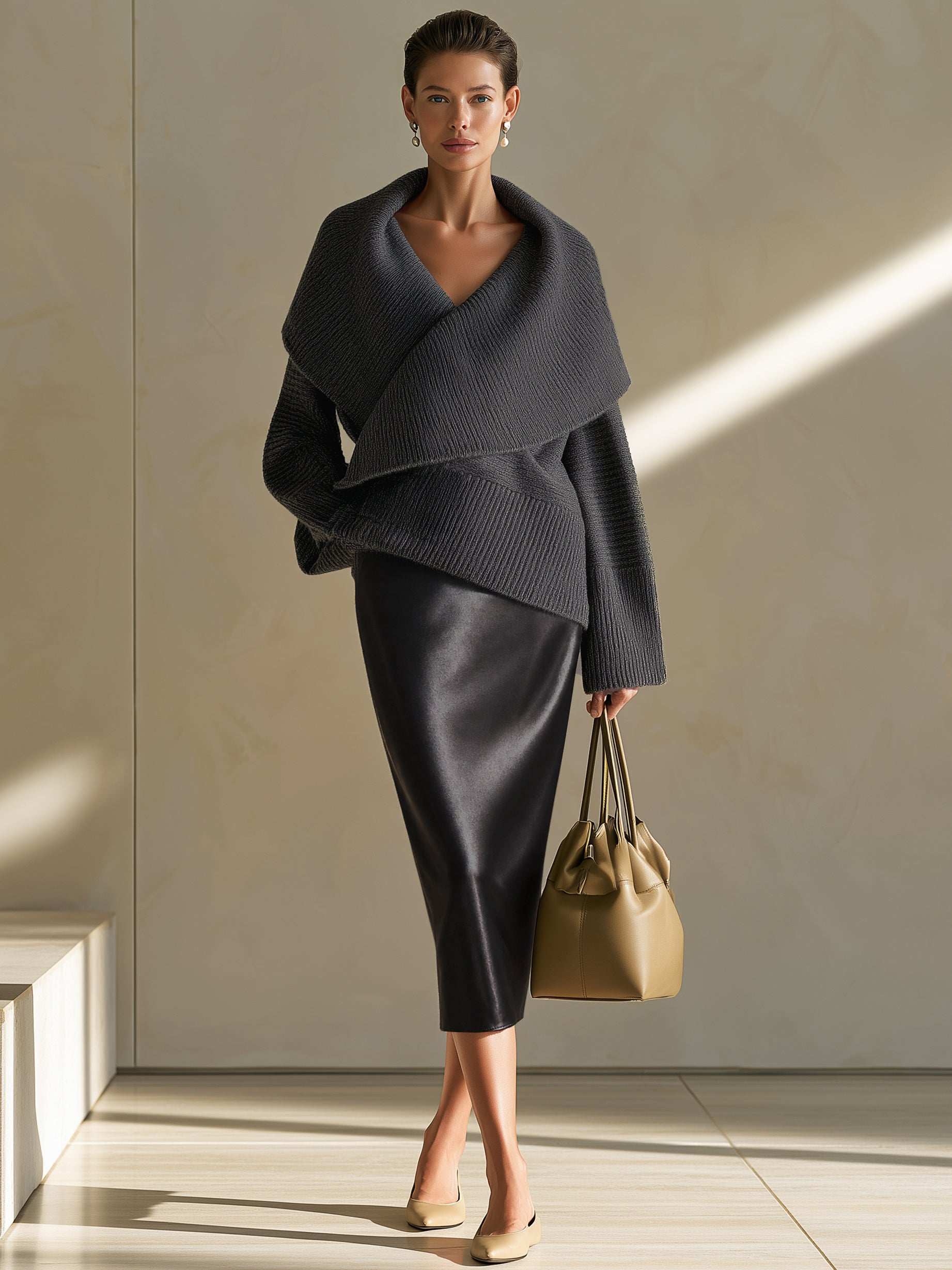 Elegant Wool Blend Wrap Sweater & Satin Midi Skirt Set