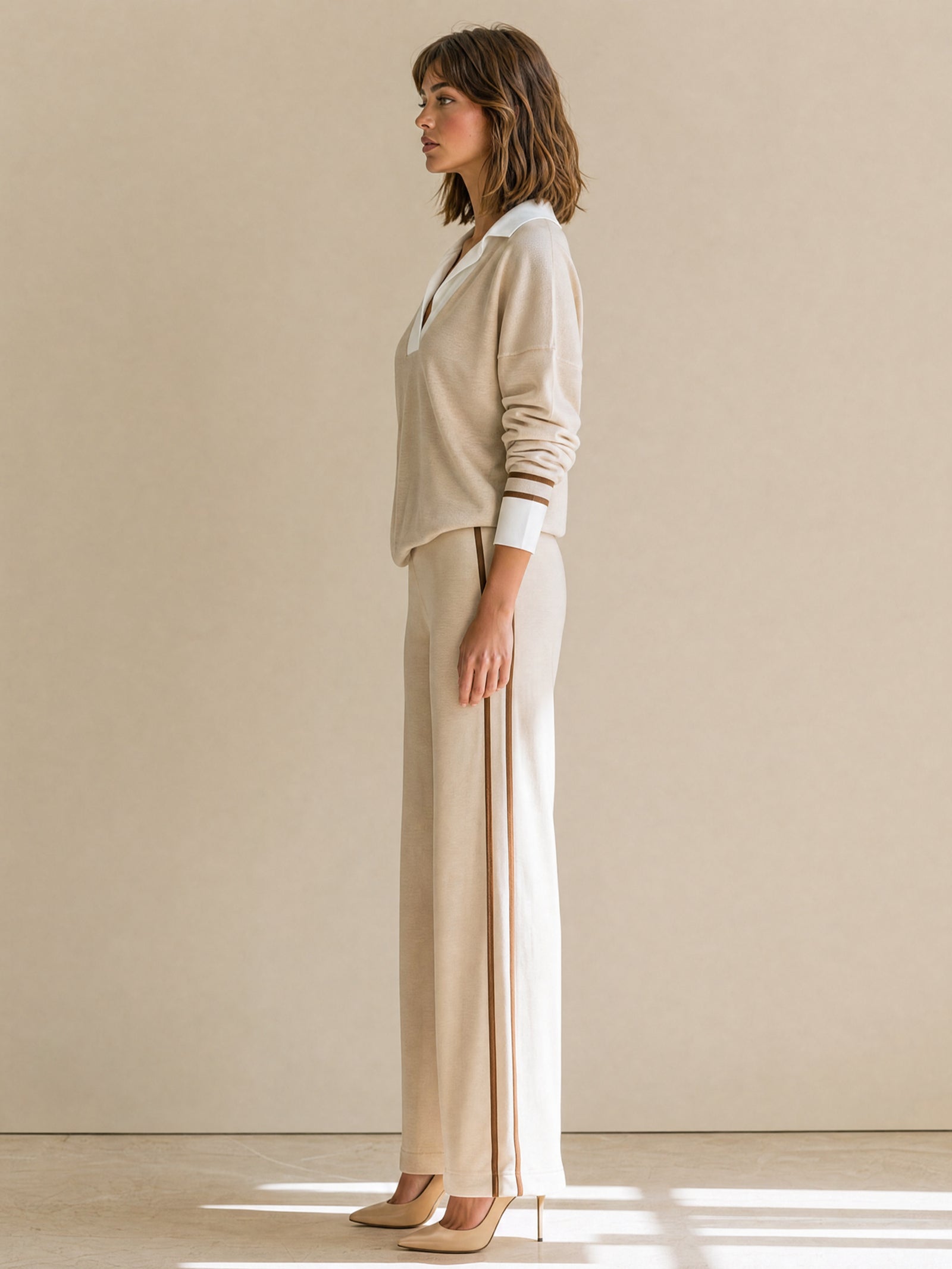 Elegant White Shirt-collar Faux-layered Piped Matching Set