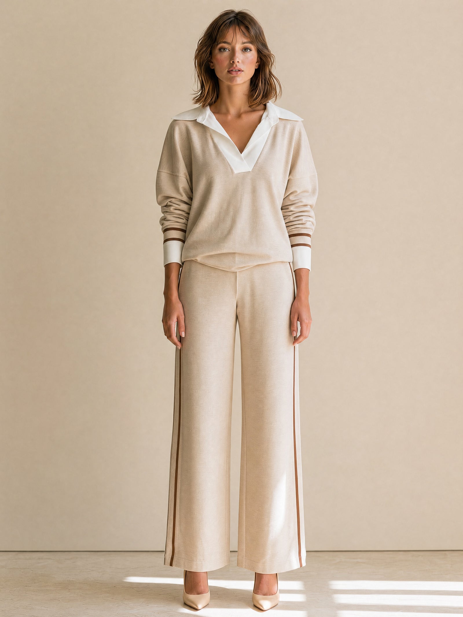 Elegant White Shirt-collar Faux-layered Piped Matching Set