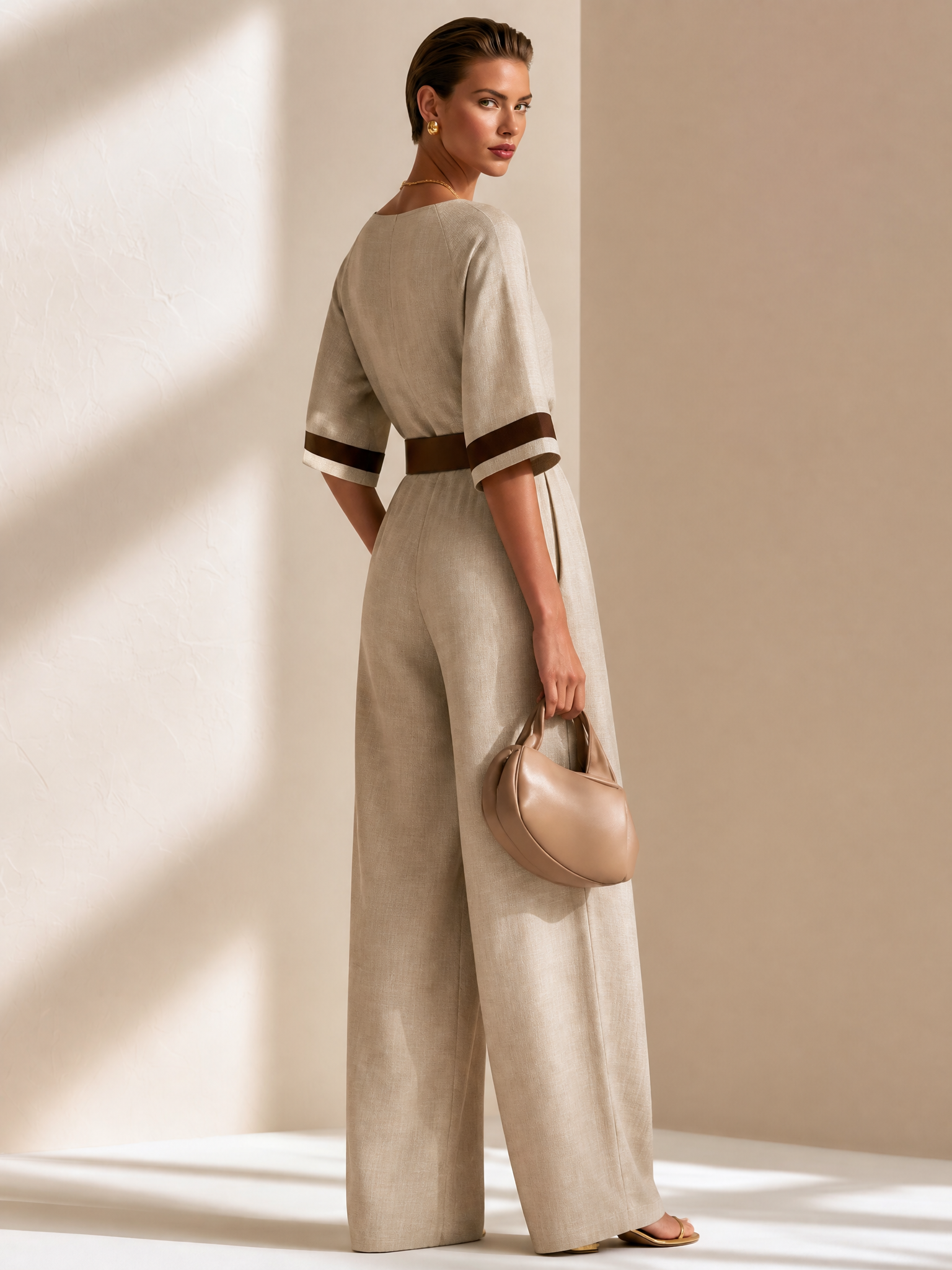 Elegant Earth Tone Textured Fabric Contrast Trim Fitted Wide Leg Jumpsuit