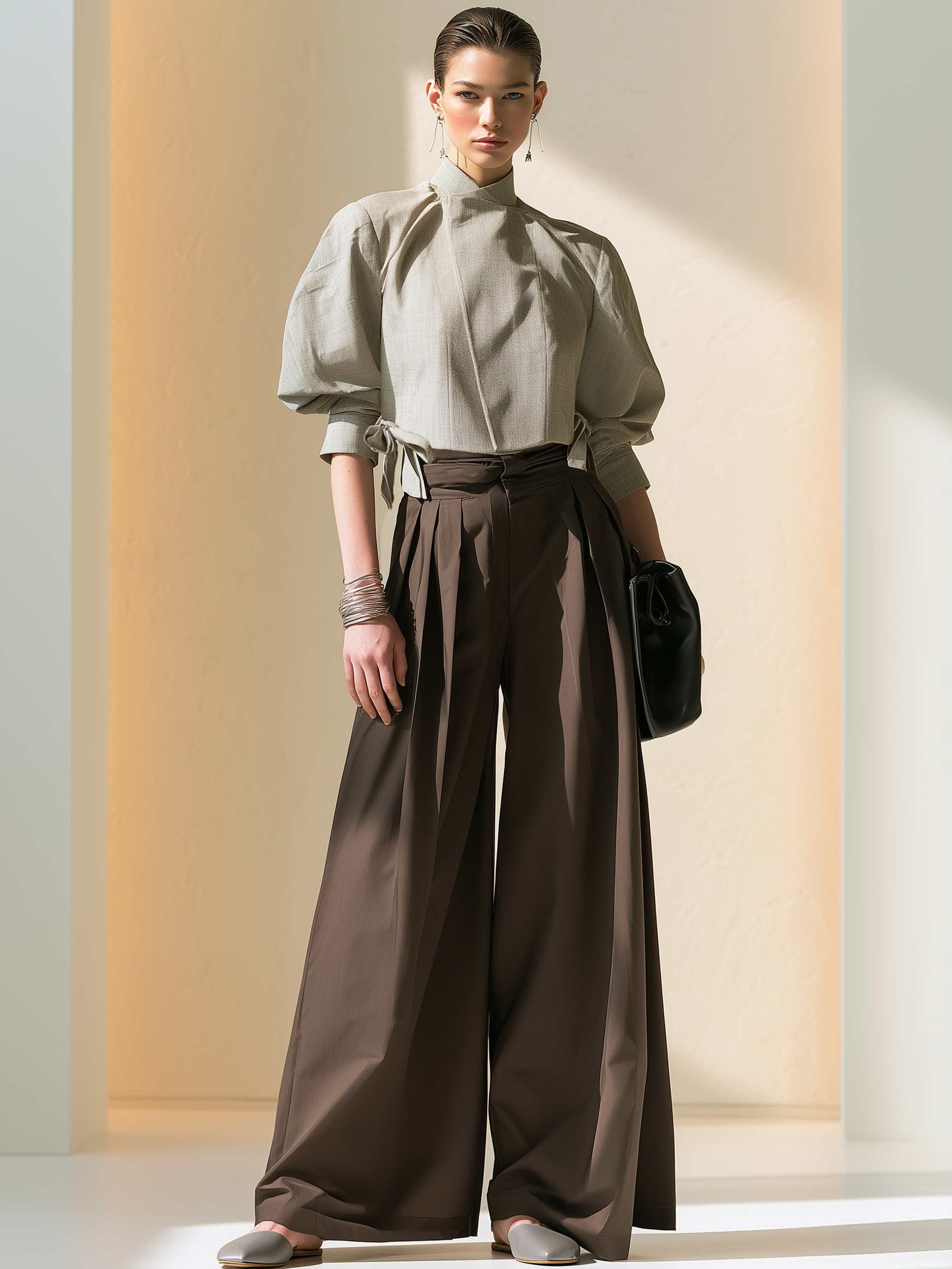 Elegant Light Grey Stand Collar Puff Sleeve Tie Crop Top Brown High Waist Pleated Wide Leg Two-Piece Set