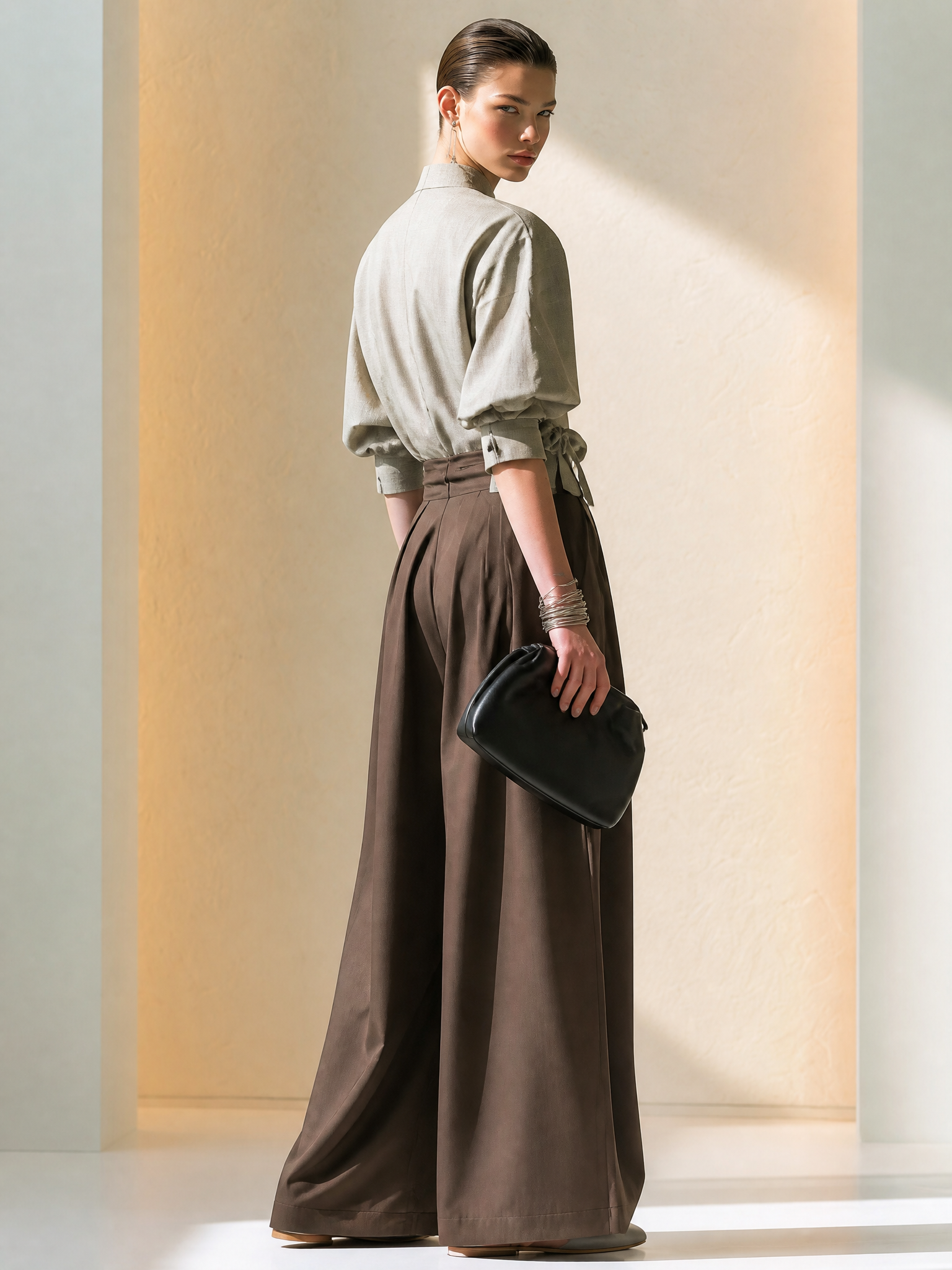 Elegant Light Grey Stand Collar Puff Sleeve Tie Crop Top Brown High Waist Pleated Wide Leg Two-Piece Set