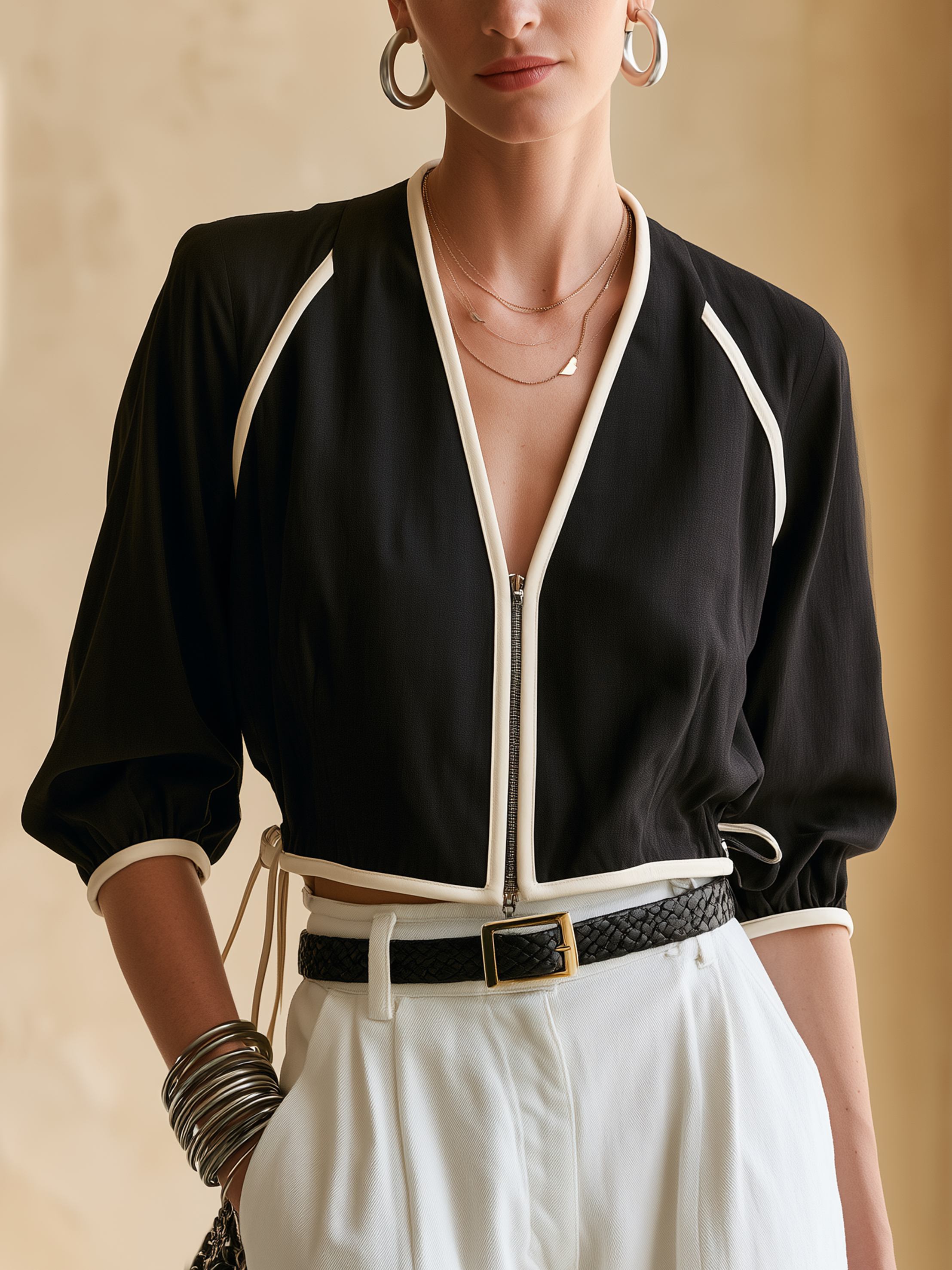 Elegant White Piping Raglan Lantern Sleeve Drawstring Crop Jacket