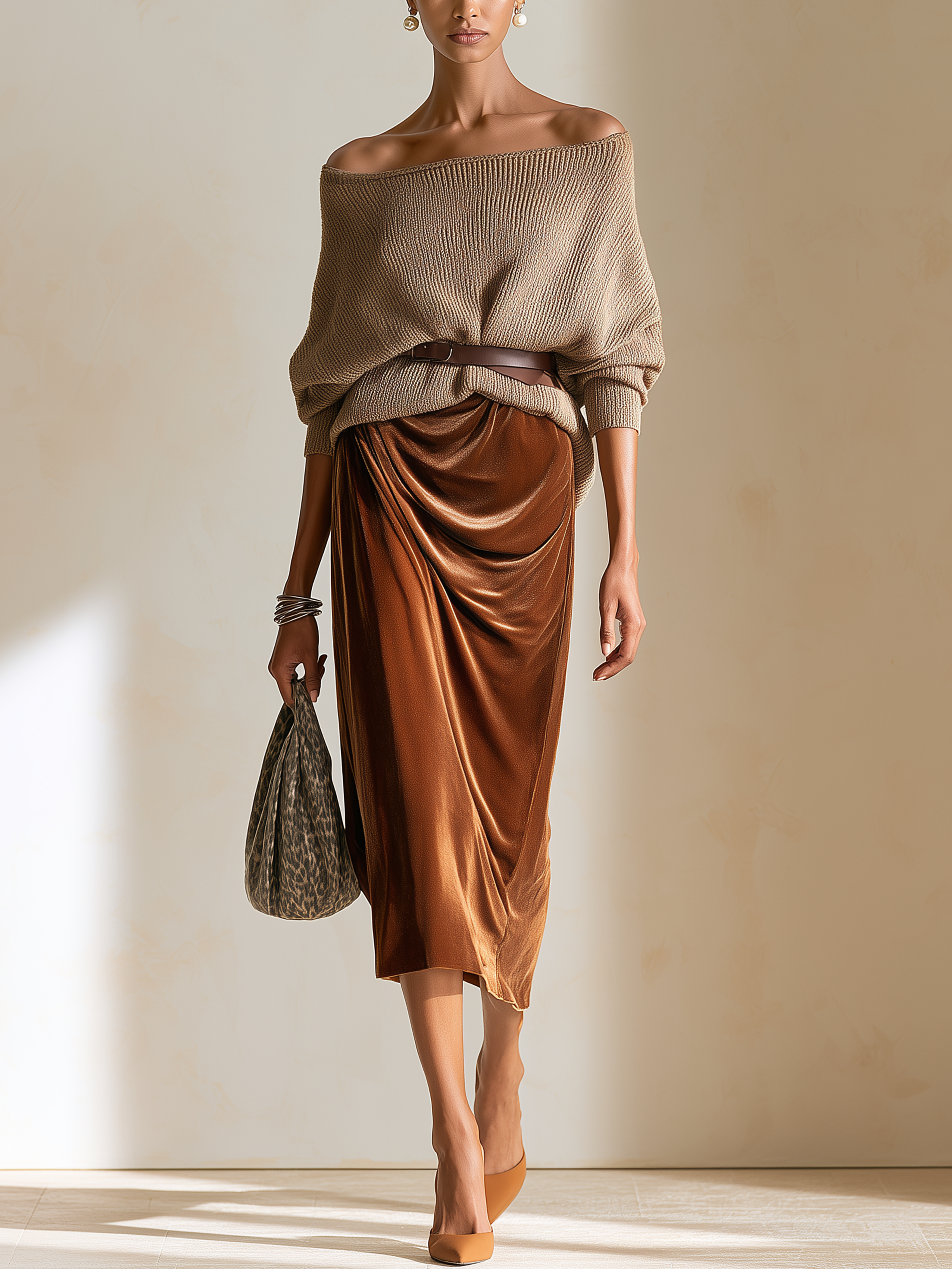 Elegant One-Shoulder Oversized Knit Waist-Cinched Caramel Velvet Skirt Suit