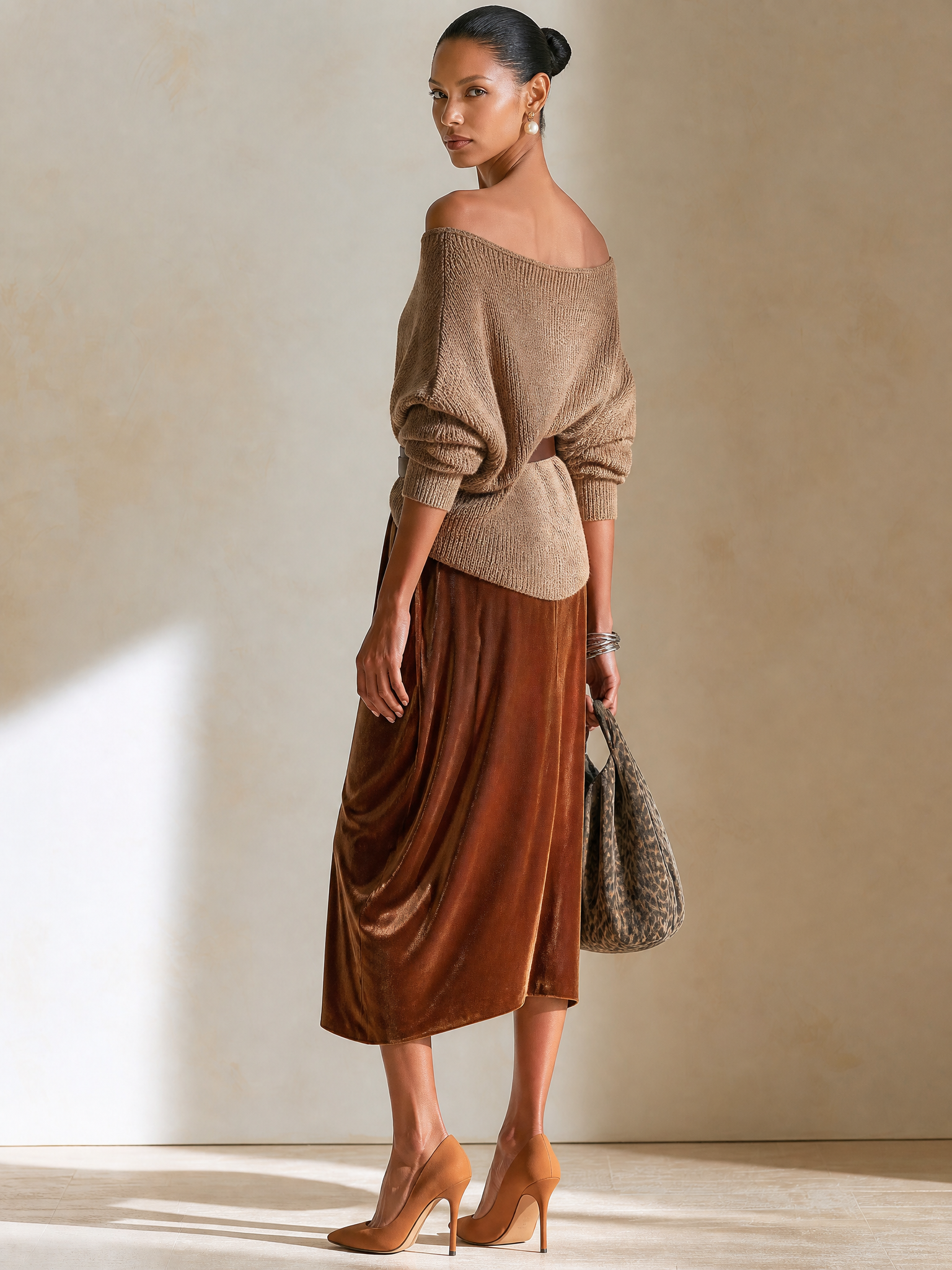 Elegant One-Shoulder Oversized Knit Waist-Cinched Caramel Velvet Skirt Suit