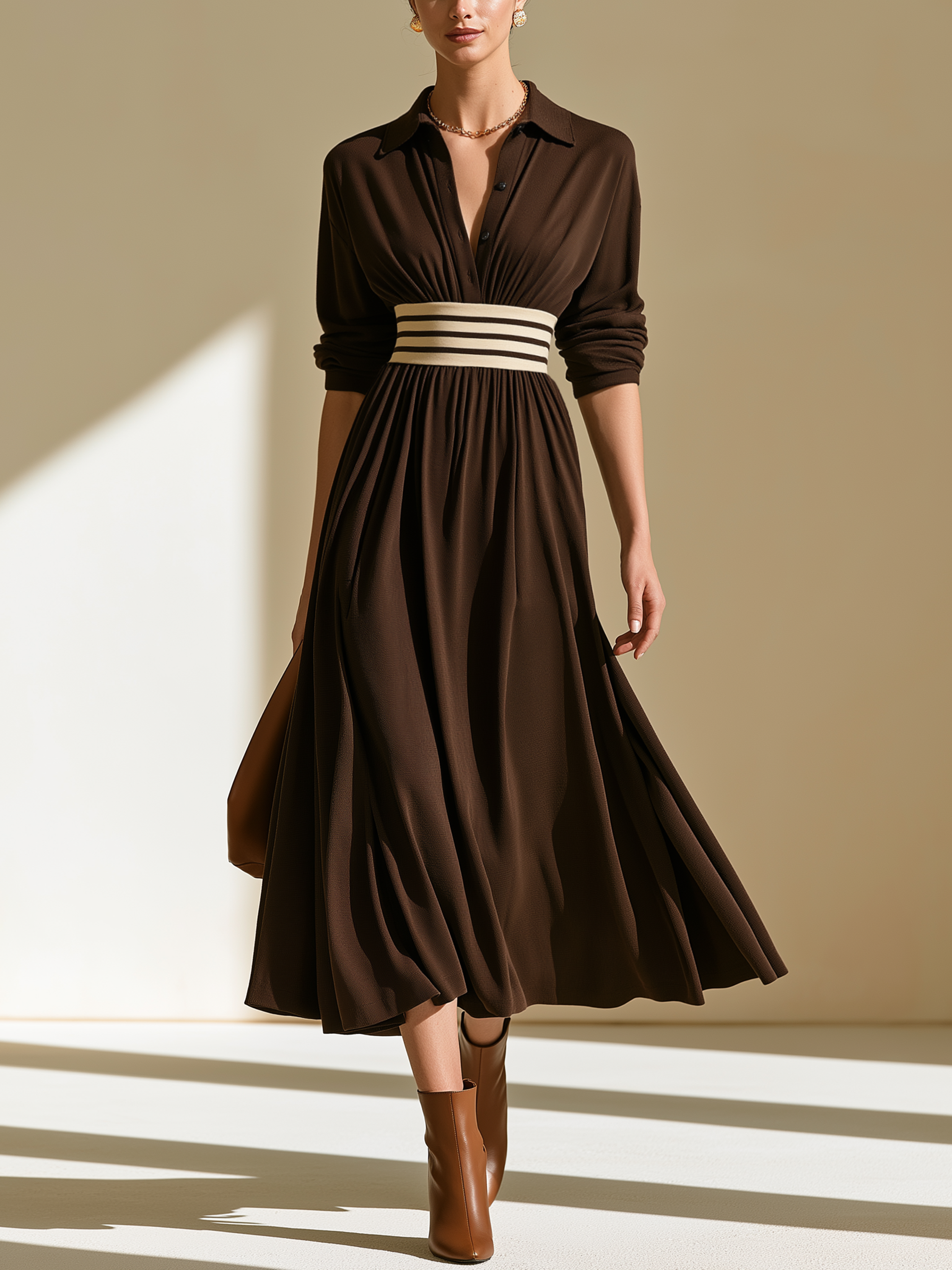 Elegant Dark Brown Shirt Collar Contrast Stripe Wide Waistband Flared Midi Dress