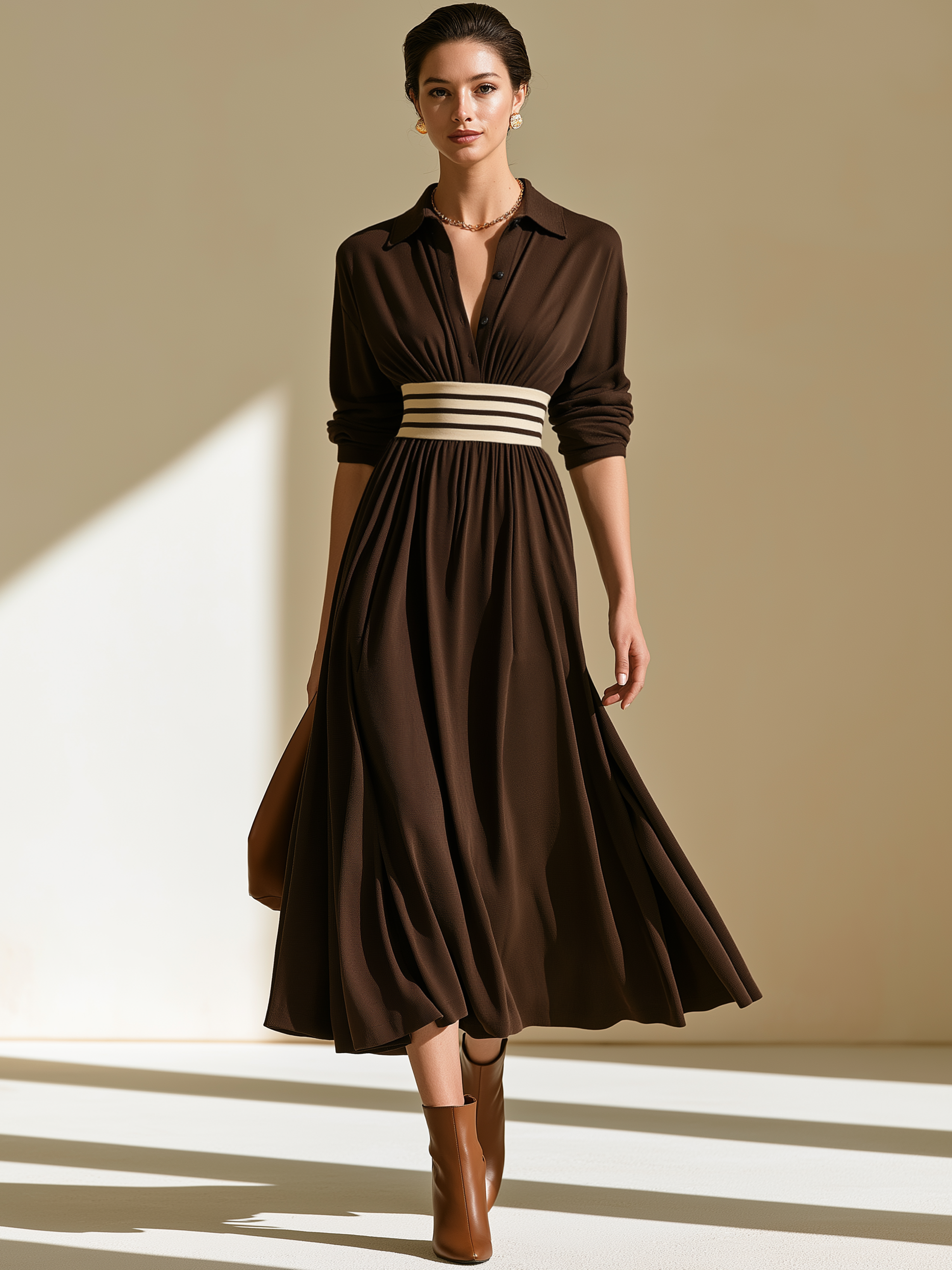Elegant Dark Brown Shirt Collar Contrast Stripe Wide Waistband Flared Midi Dress