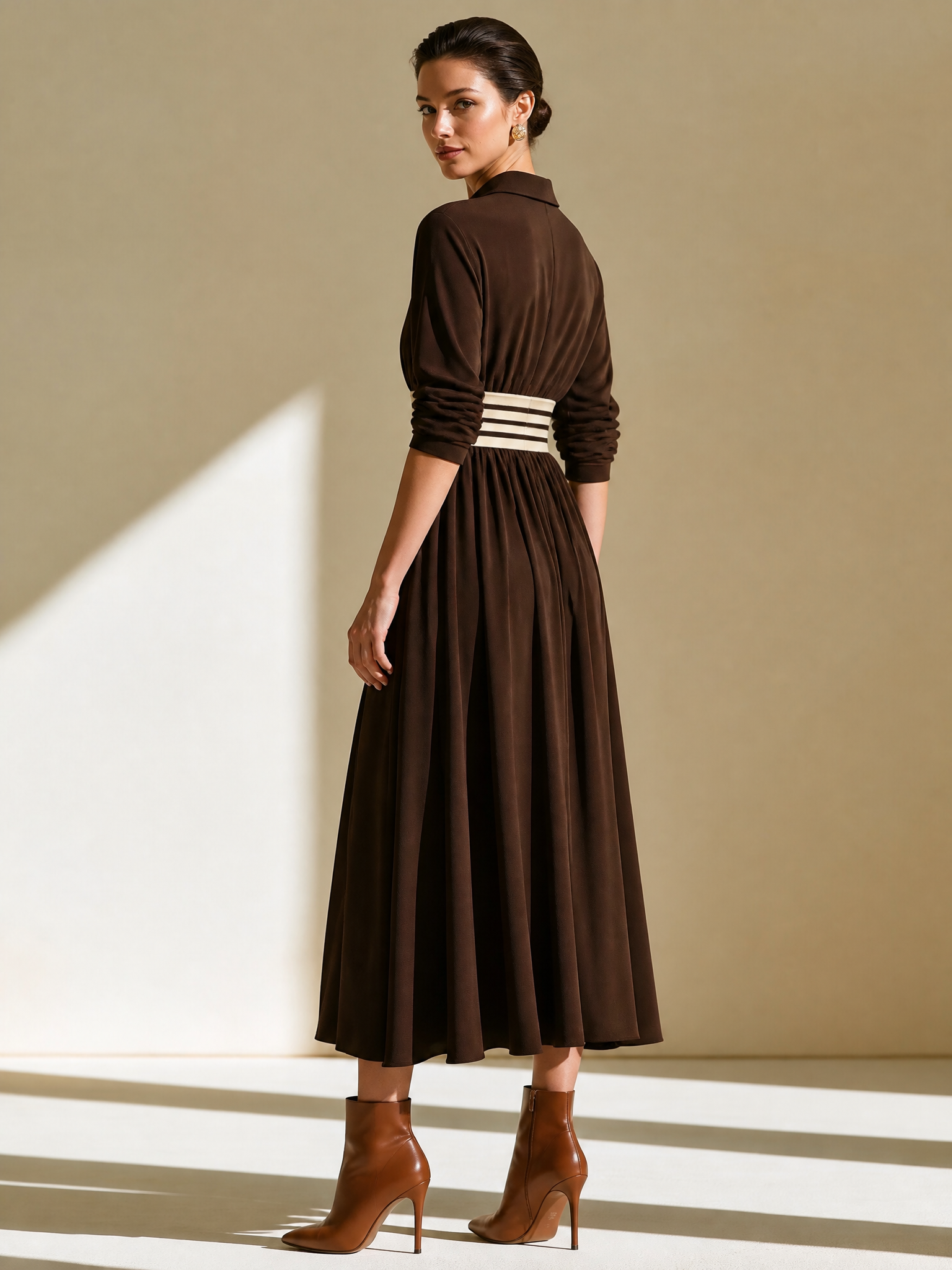 Elegant Dark Brown Shirt Collar Contrast Stripe Wide Waistband Flared Midi Dress