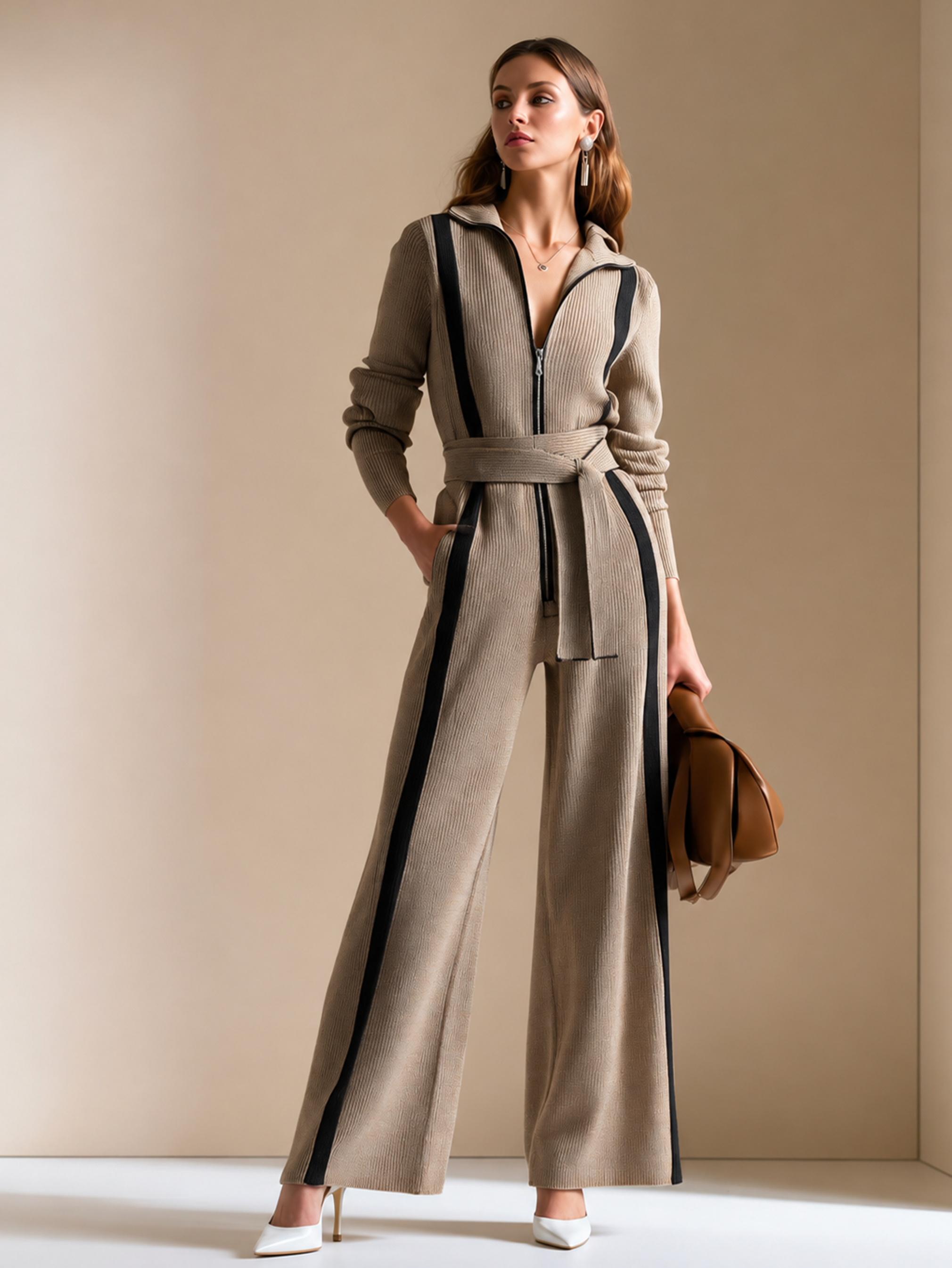Elegant Taupe Grey Knit Jumpsuit With Black Contrast Piping Detail