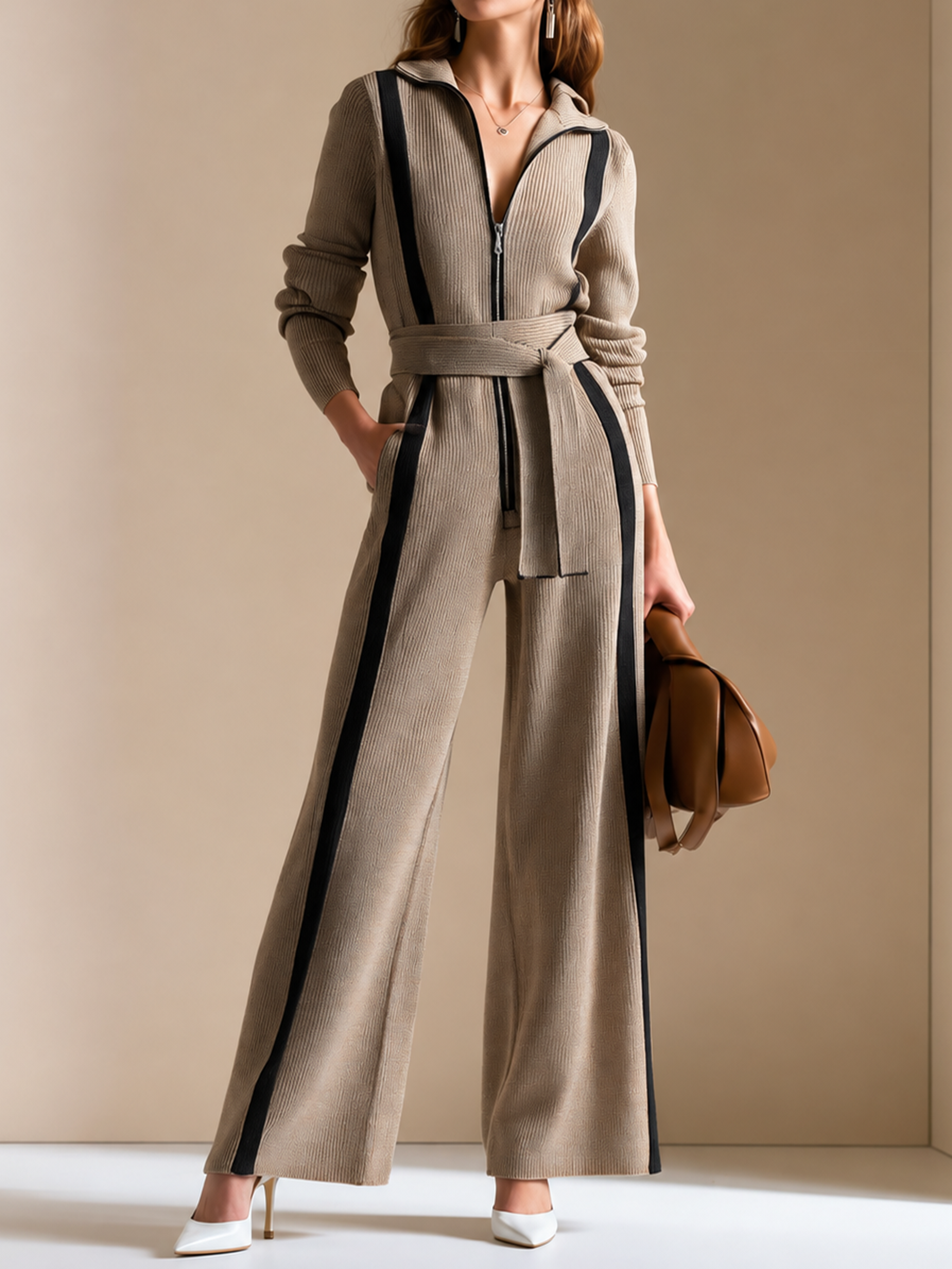 Elegant Taupe Grey Knit Jumpsuit With Black Contrast Piping Detail